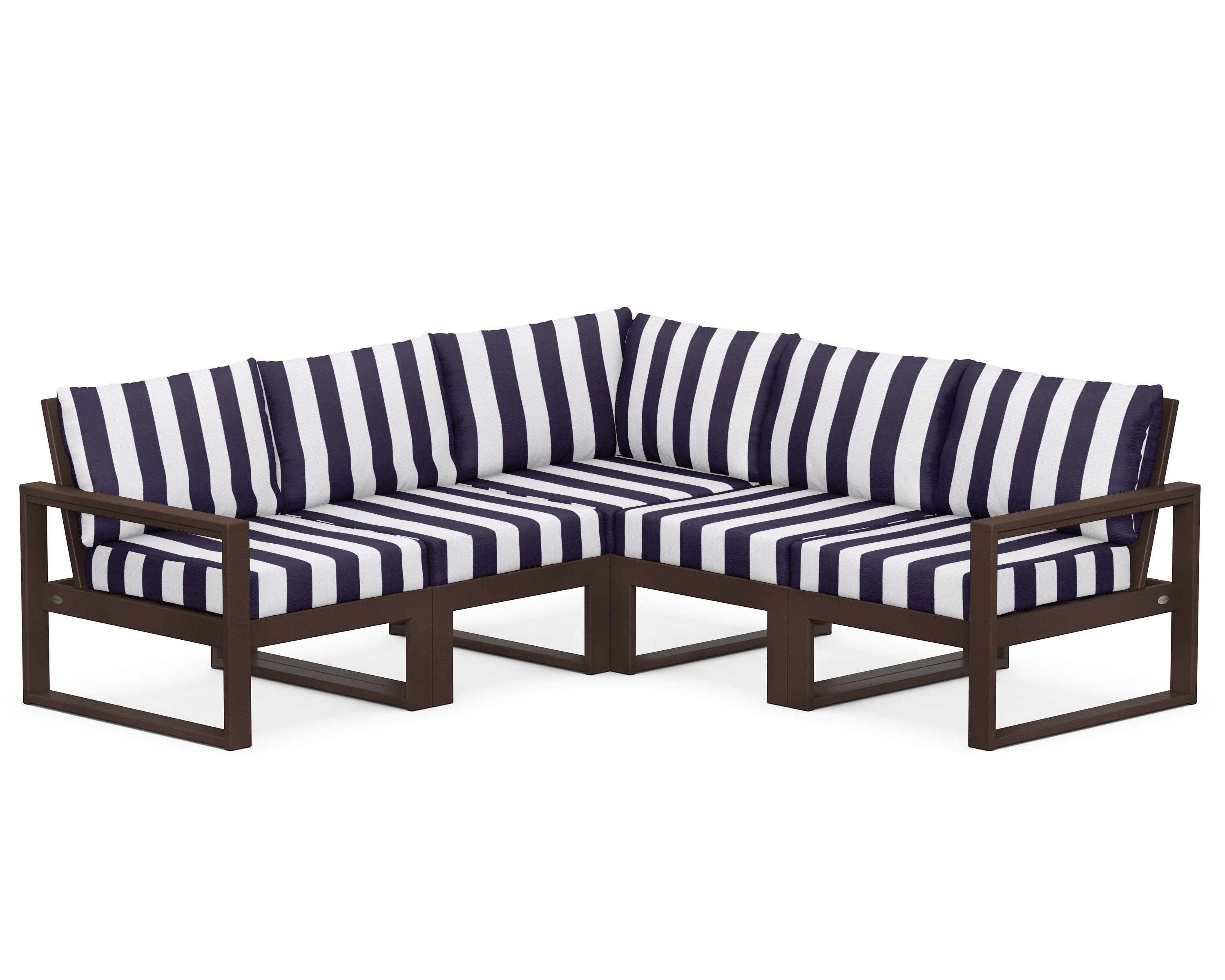 POLYWOOD® EDGE 5-Piece Modular Deep Seating Set in Mahogany / Cabana Stripe Navy