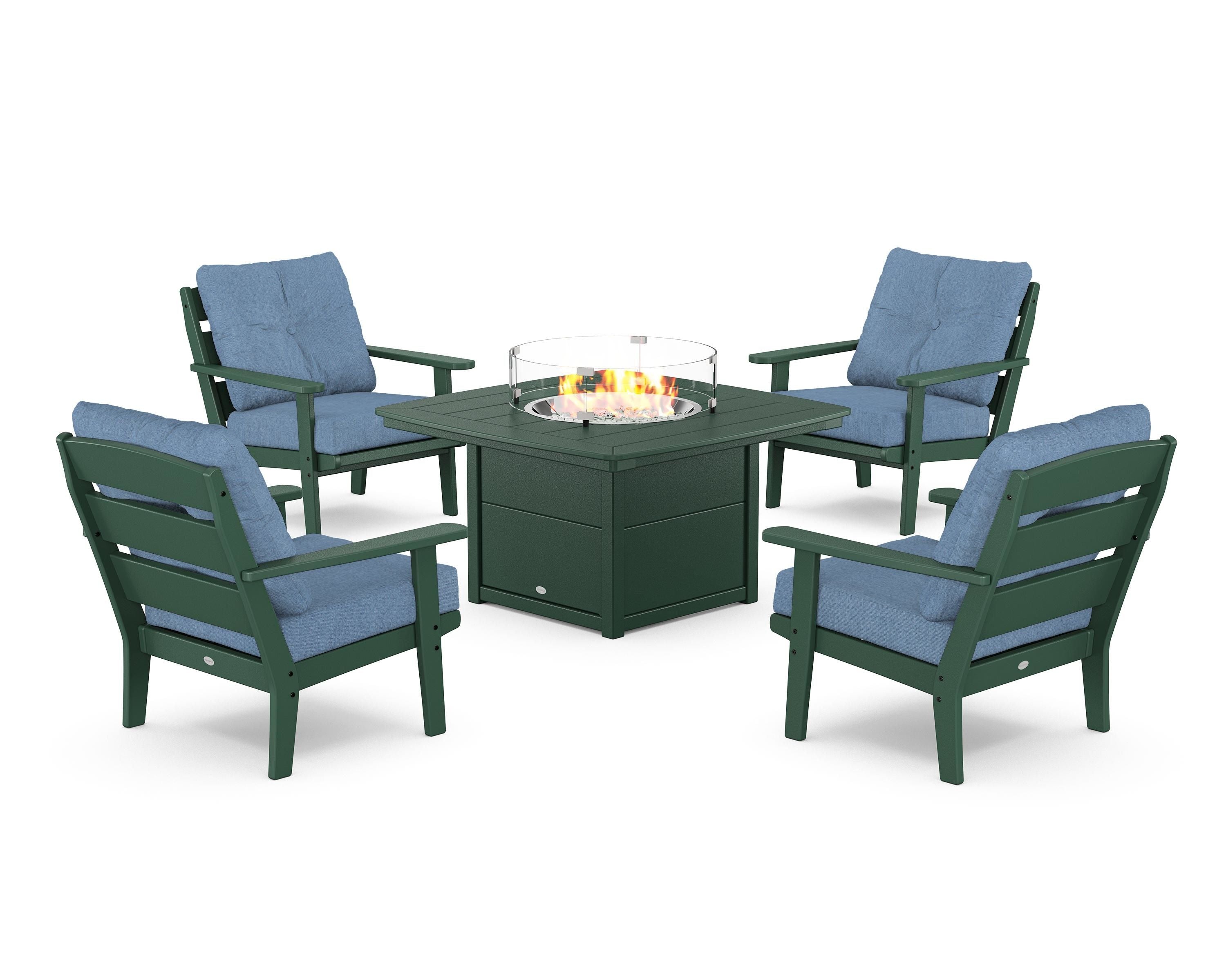 POLYWOOD® Lakeside 5-Piece Deep Seating Set with Nautical Fire Pit Table in Green / Sky Blue