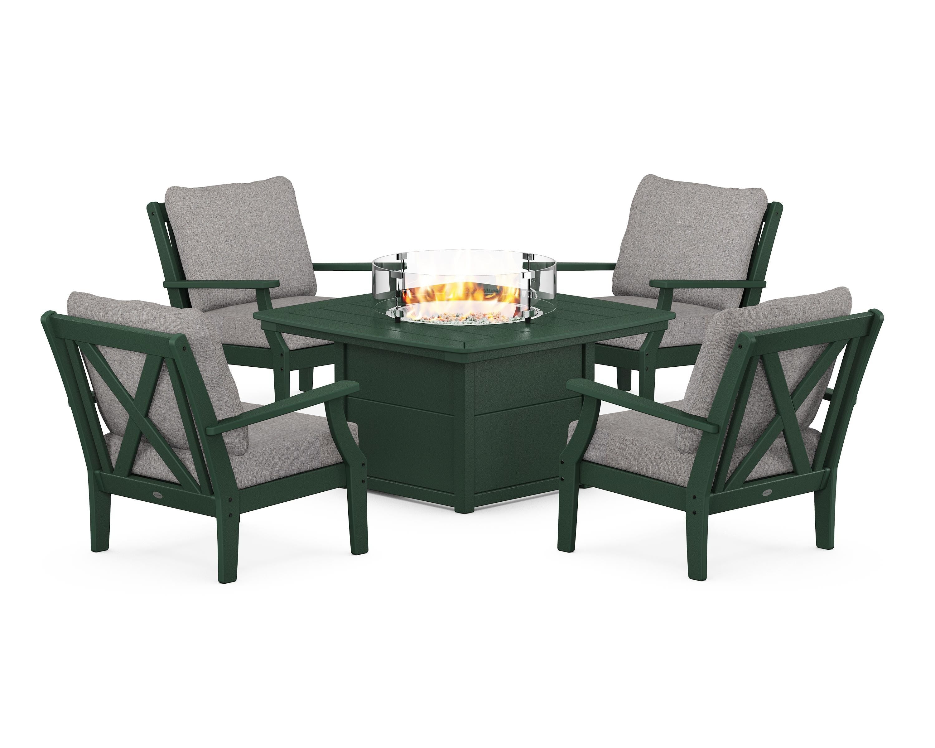 POLYWOOD® Braxton 5-Piece Deep Seating Conversation Set with Fire Pit Table in Green / Grey Mist