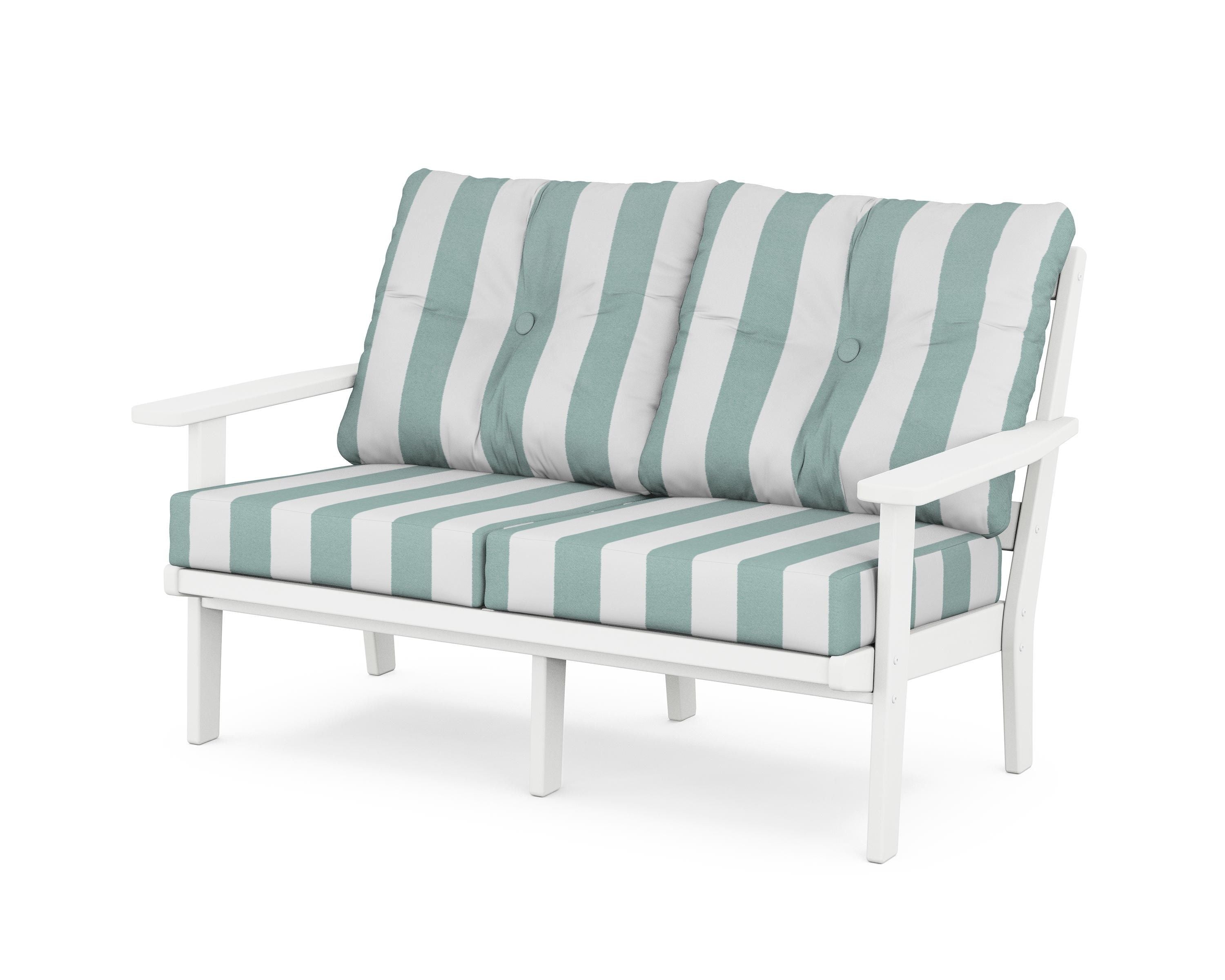 POLYWOOD® Oxford Deep Seating Loveseat in White / Cabana Stripe Glacier Spa