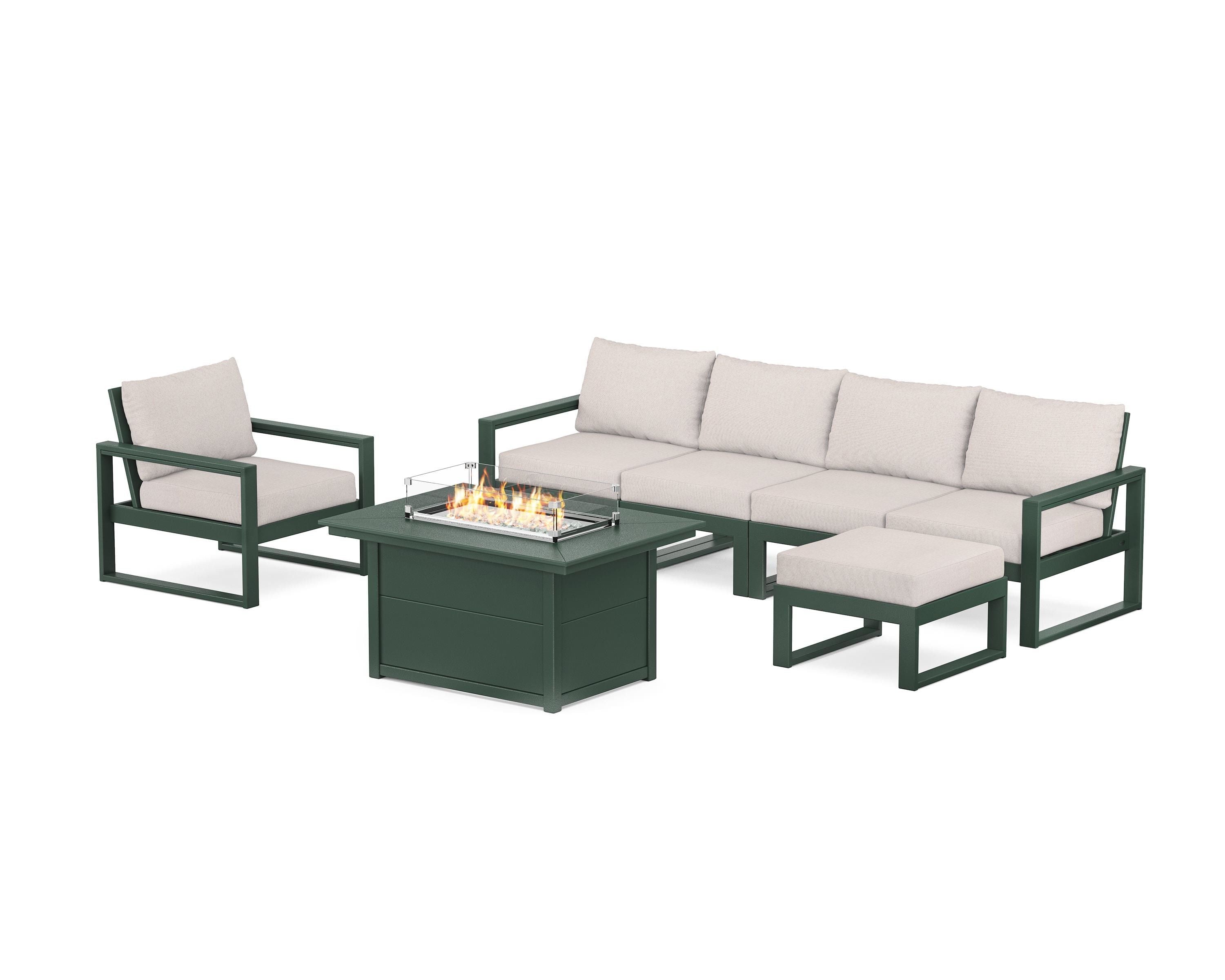 POLYWOOD® EDGE Sectional Lounge and Fire Pit Set in Green / Dune Burlap