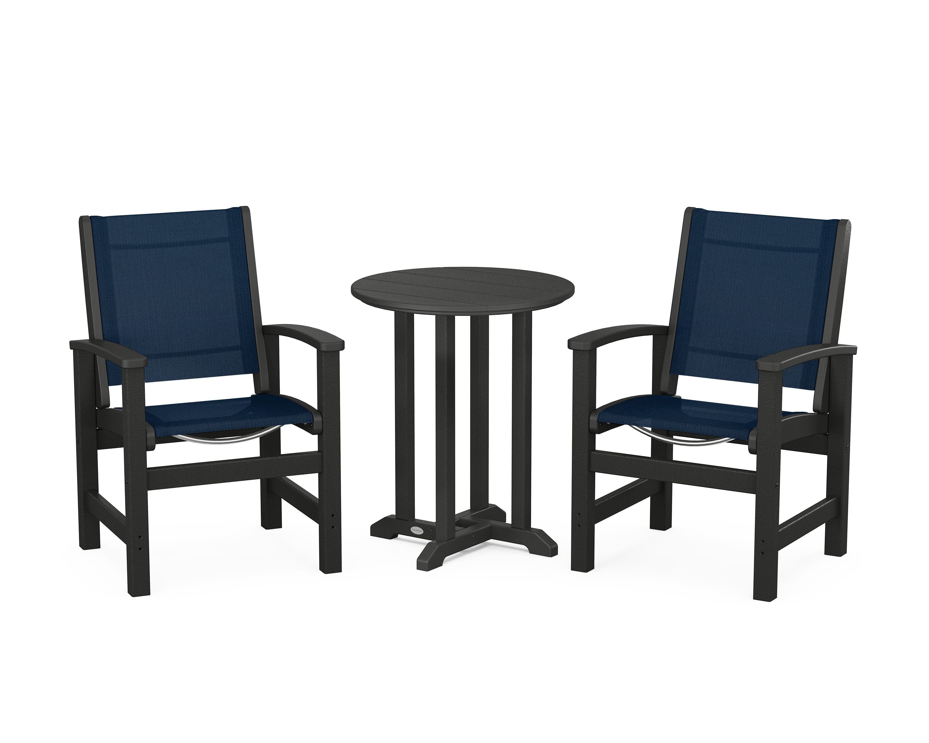 POLYWOOD® Coastal 3-Piece Round Bistro Dining Set in Black / Navy Blue Sling