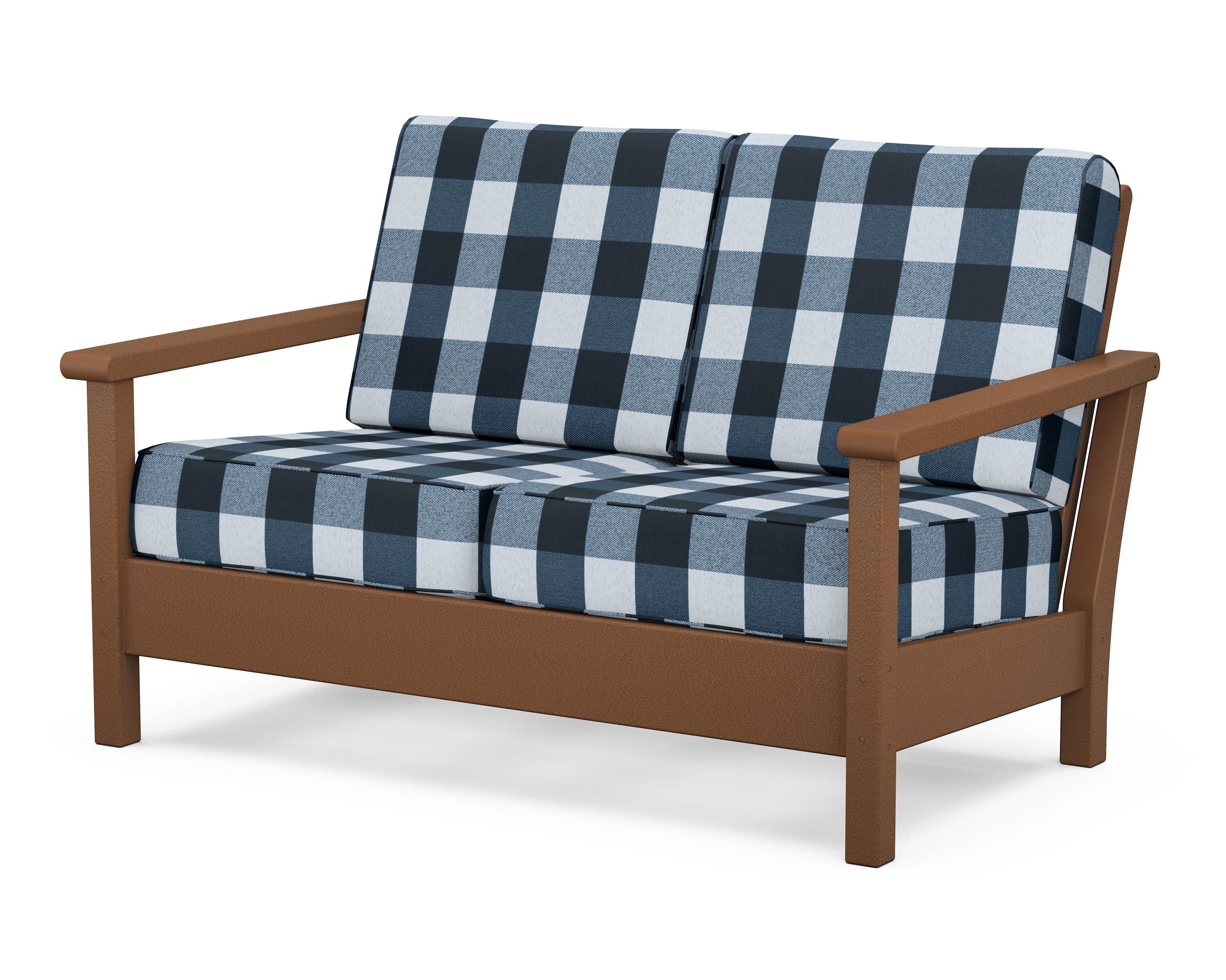 POLYWOOD® Harbour Deep Seating Loveseat in Teak / Buffalo Plaid Marine Indigo