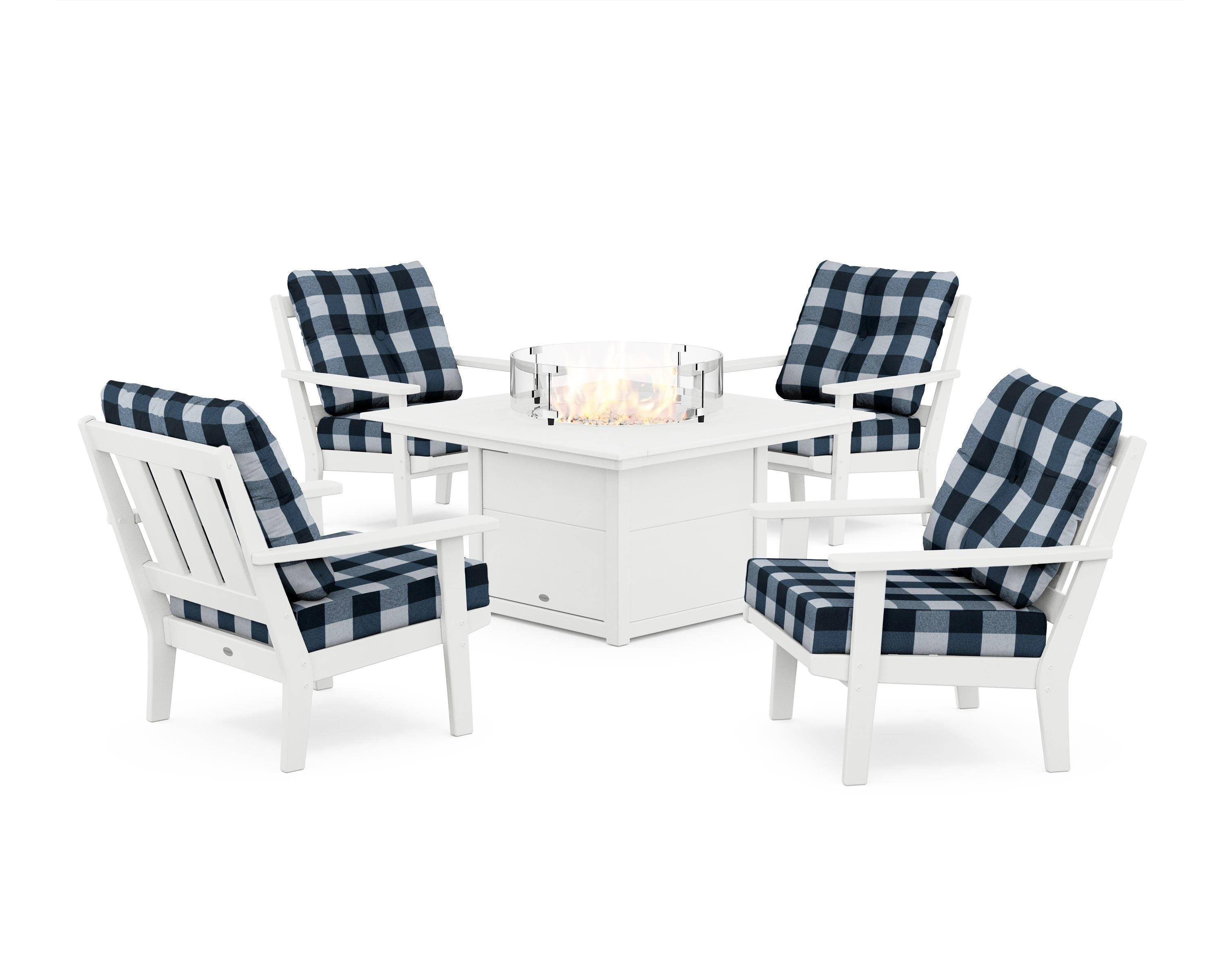 POLYWOOD® Oxford 5-Piece Deep Seating Set with Fire Pit Table in White / Buffalo Plaid Marine Indigo