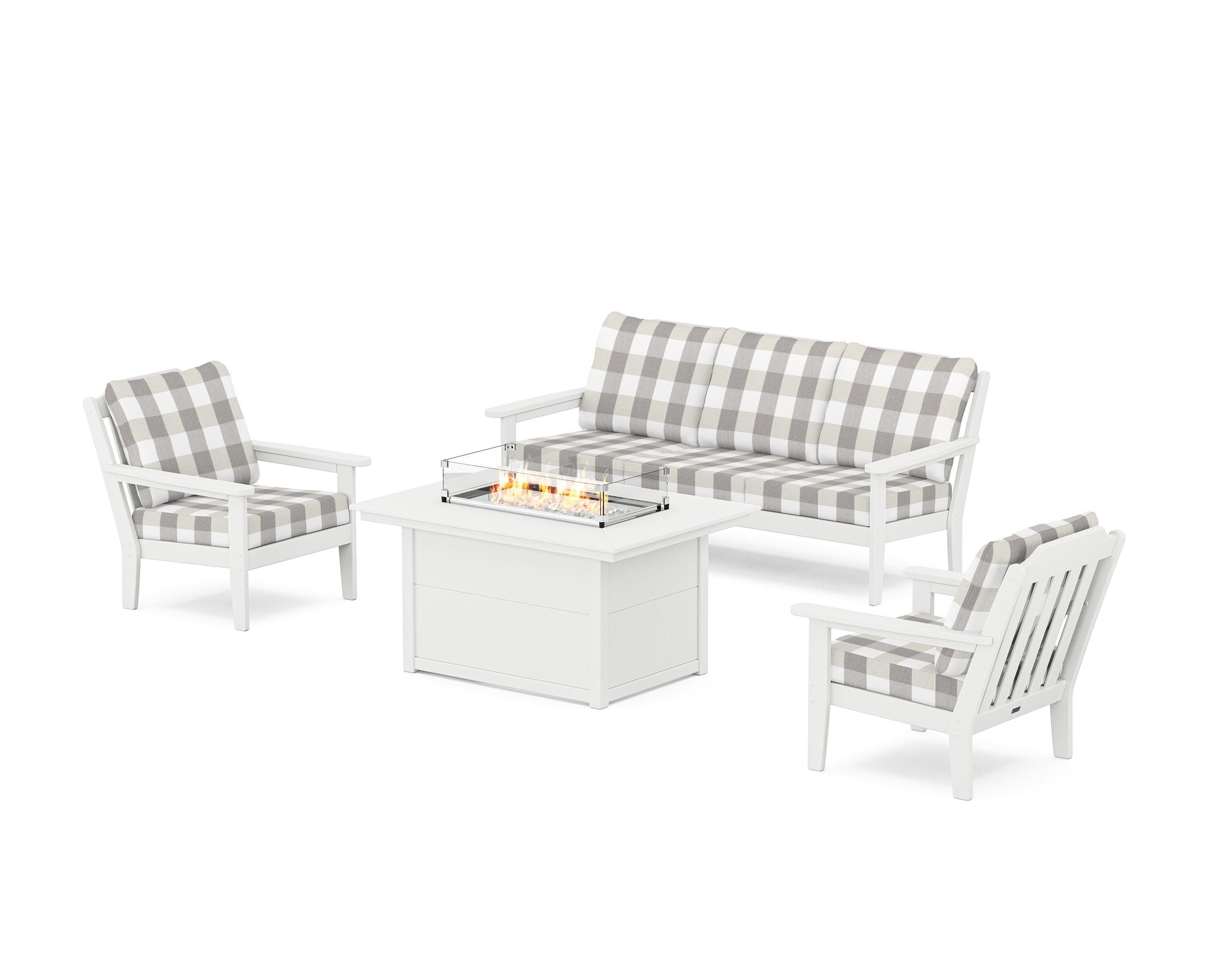 Country Living Cottage Deep Seating Fire Pit Table Set in White / Buffalo Plaid Grey Mist