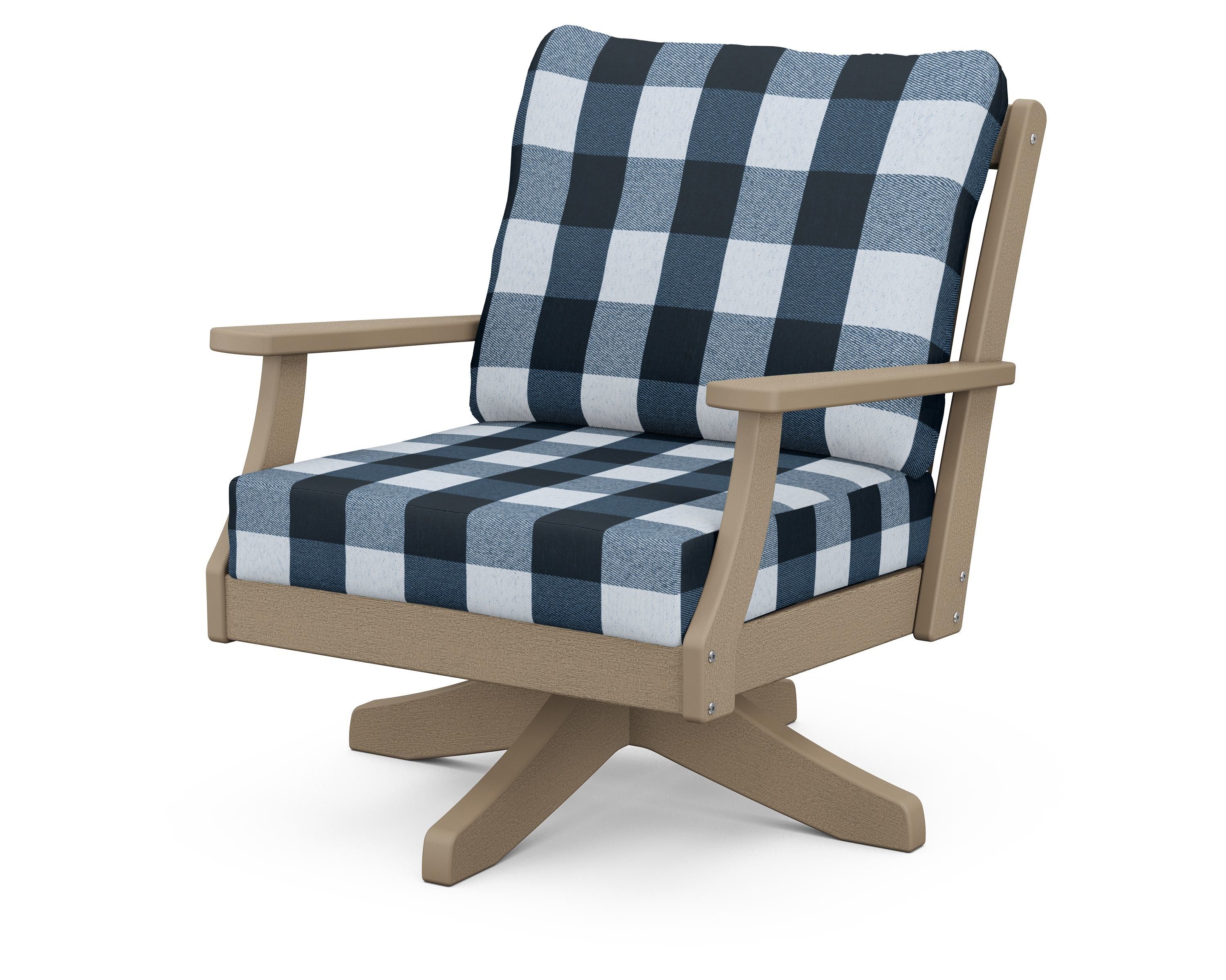 POLYWOOD® Braxton Deep Seating Swivel Chair in Vintage Sahara / Buffalo Plaid Marine Indigo