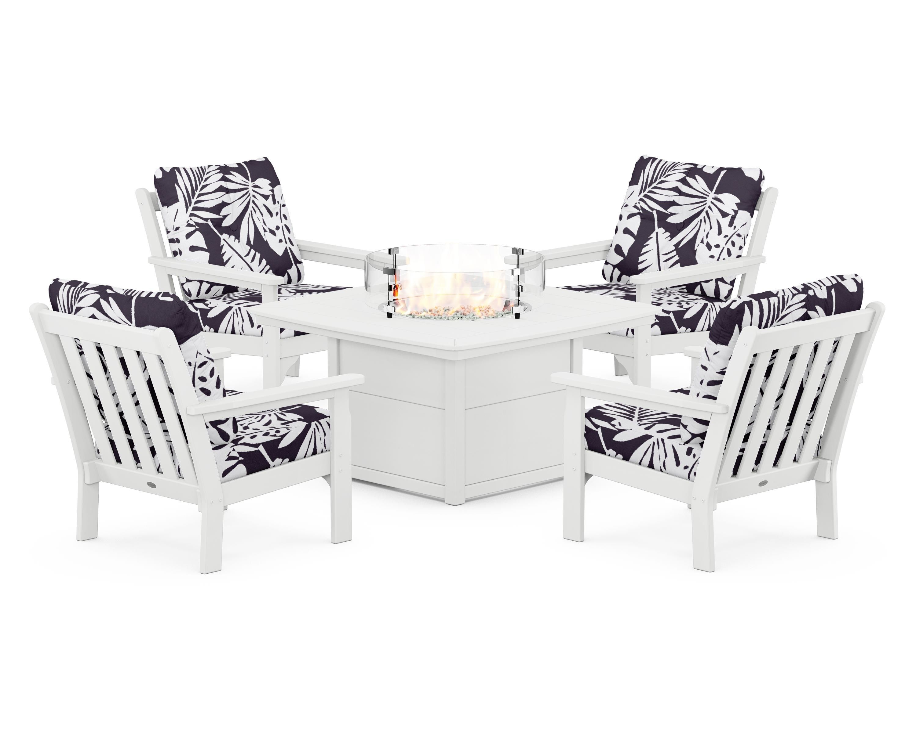 POLYWOOD® Vineyard 5-Piece Conversation Set with Fire Pit Table in White / Leaf Navy