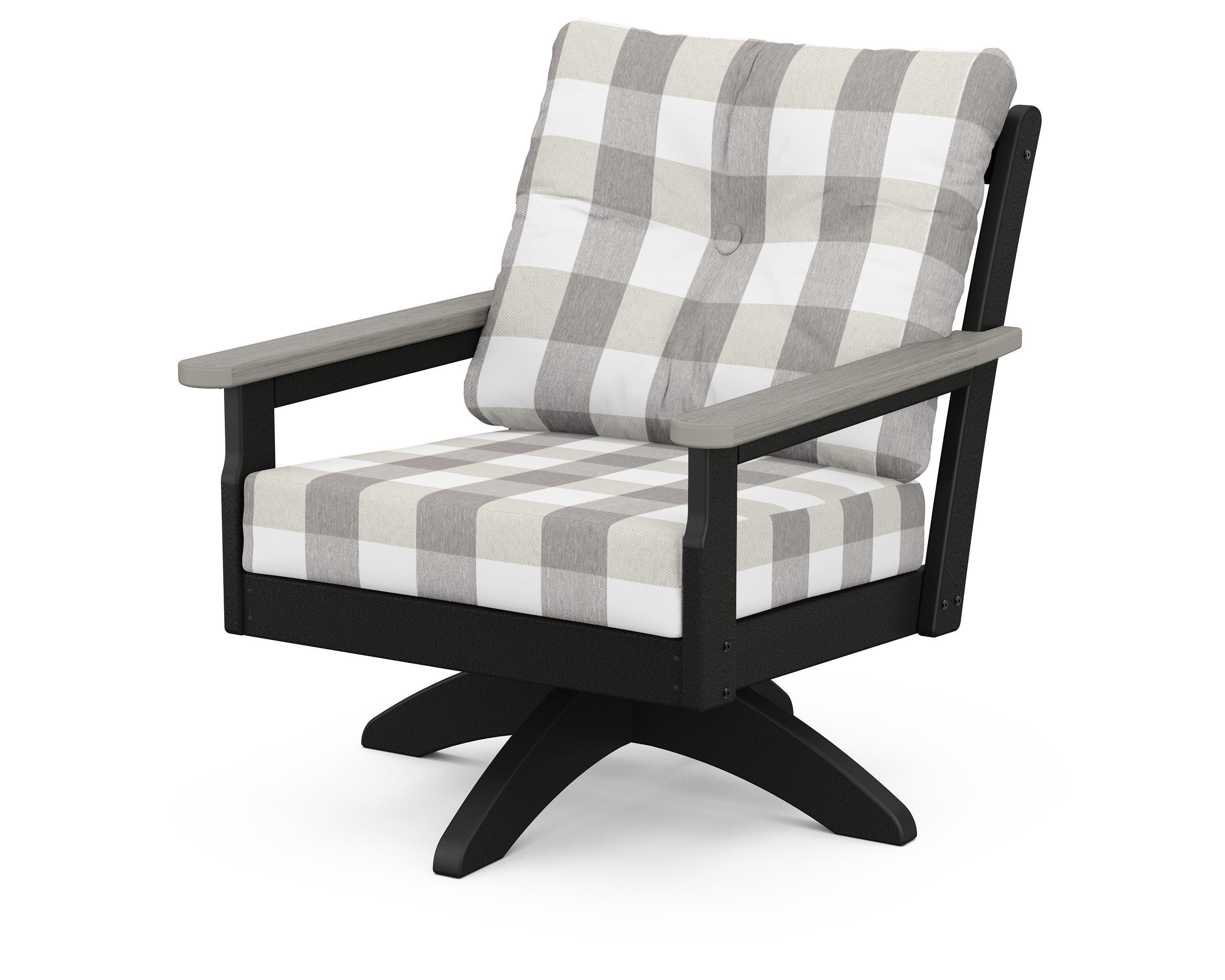 POLYWOOD® Vineyard Deep Seating Swivel Chair in Black / Driftwood / Buffalo Plaid Grey Mist