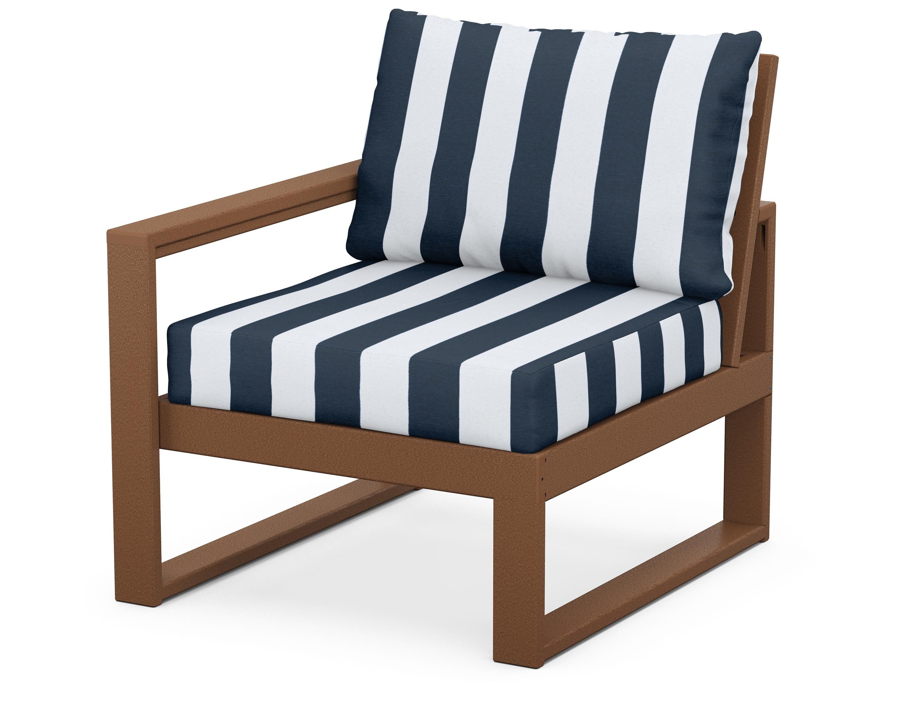 POLYWOOD® EDGE Modular Left Arm Chair in Teak / Cabana Stripe Marine Indigo
