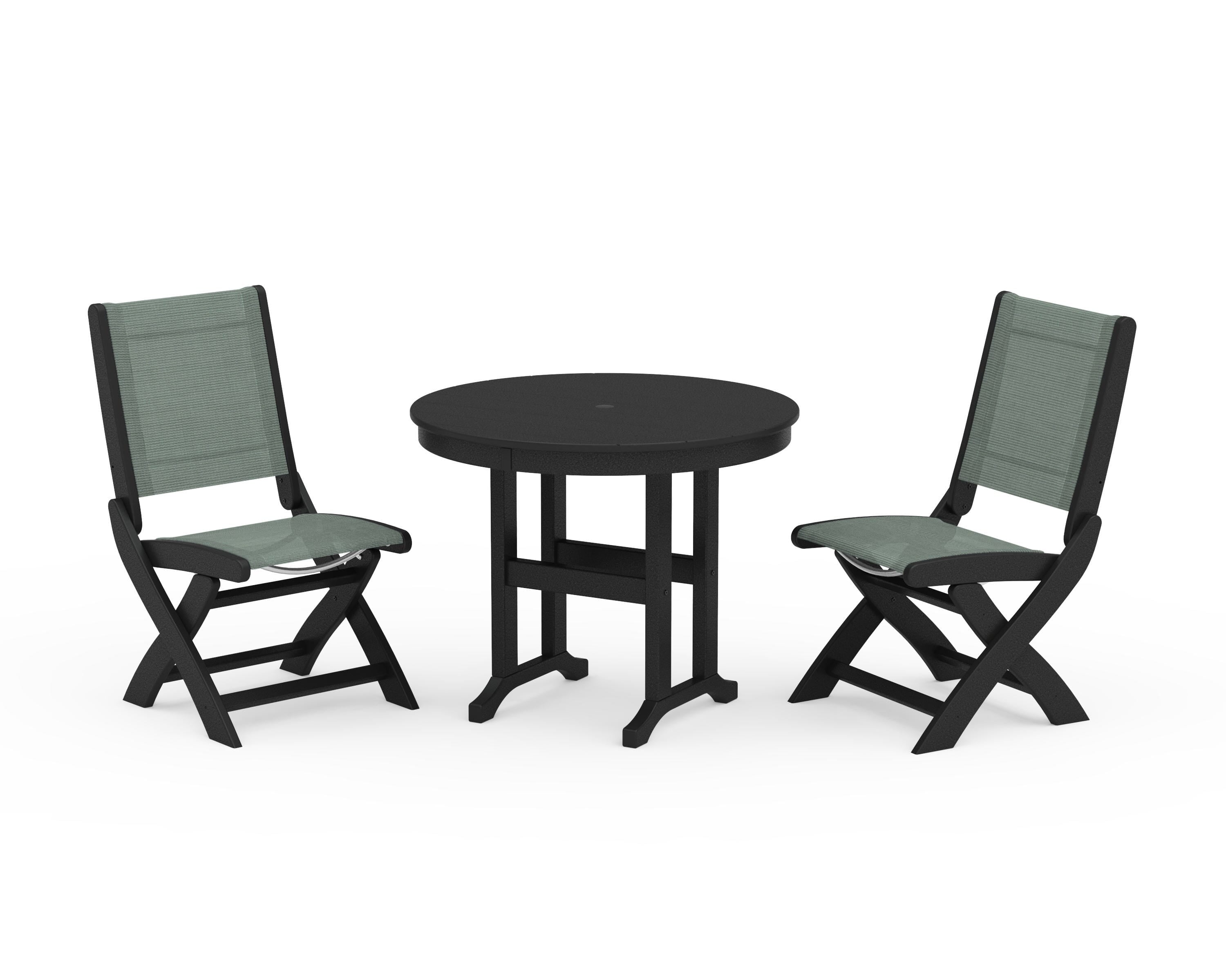POLYWOOD® Coastal Folding Side Chair 3-Piece Round Dining Set in Black / Dupioni Sea Mist Sling