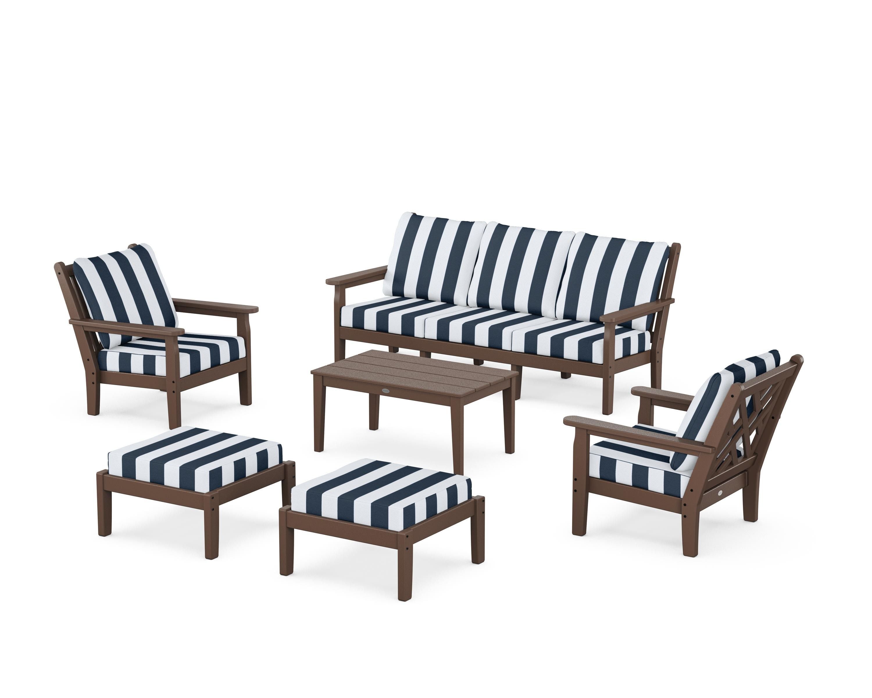 POLYWOOD® Chippendale 6-Piece Lounge Sofa Set in Mahogany / Cabana Stripe Marine Indigo