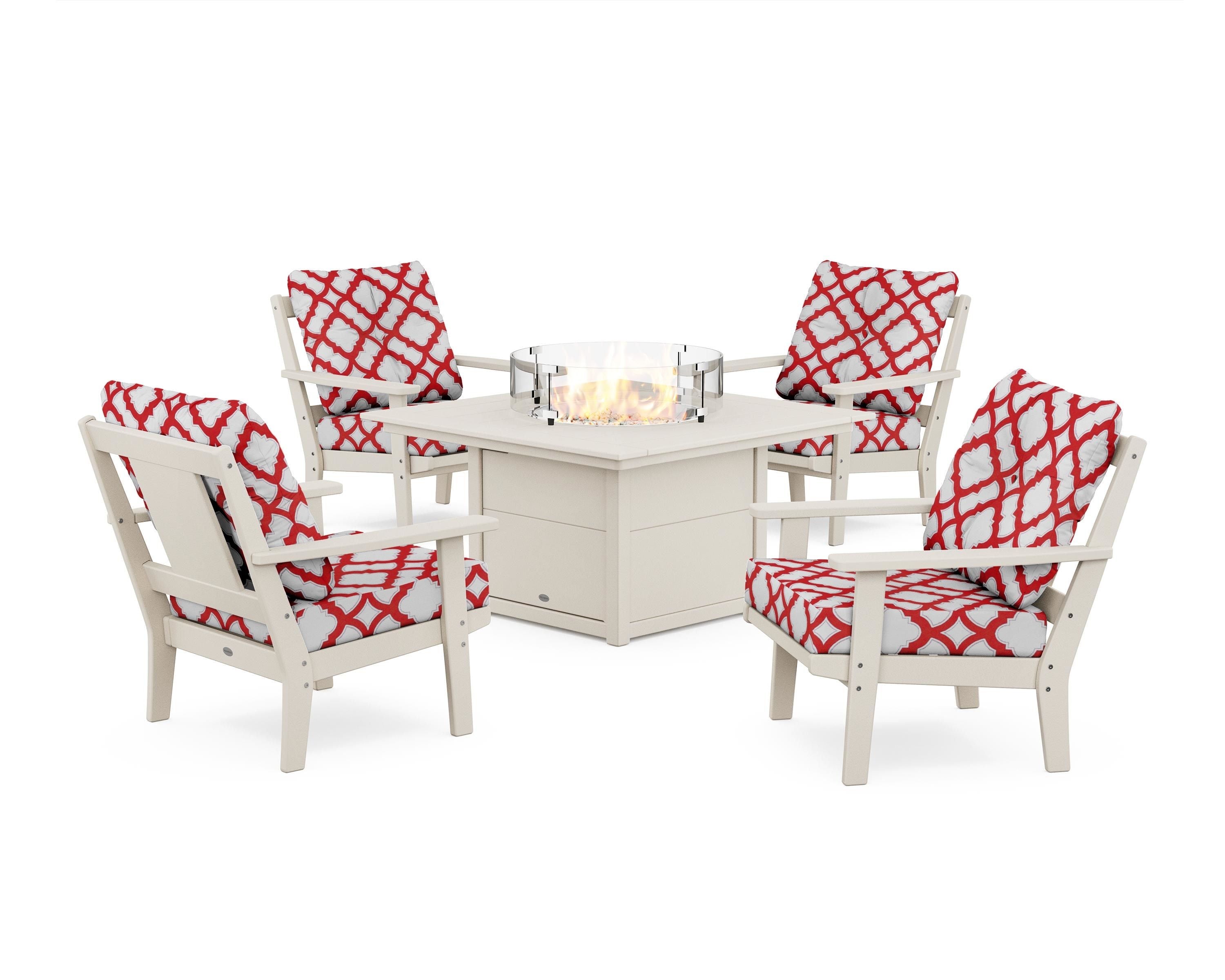 POLYWOOD® Prairie 5-Piece Deep Seating Set with Fire Pit Table in Sand / Trellis Crimson