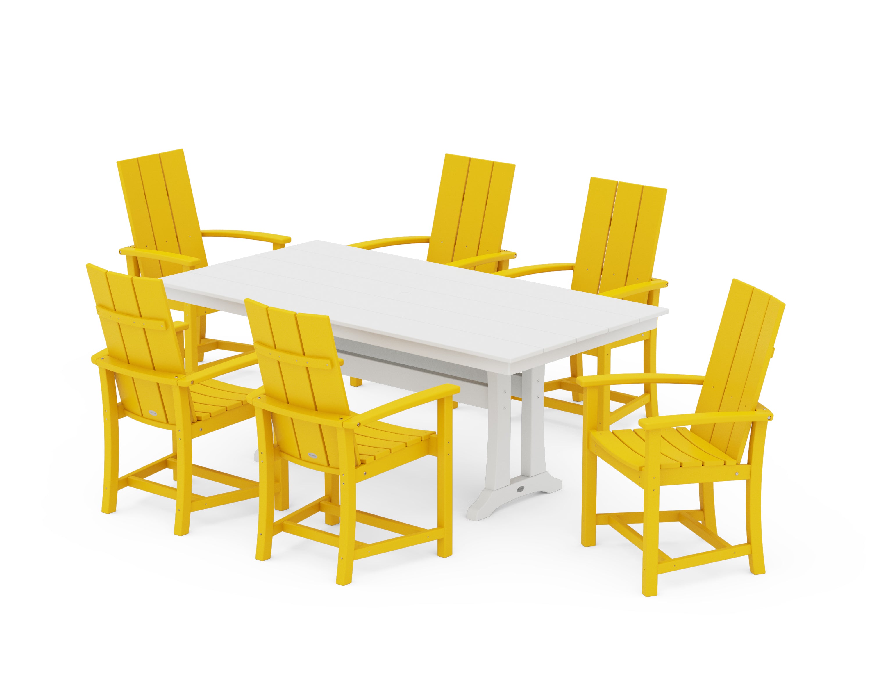 POLYWOOD® Modern Adirondack 7-Piece Farmhouse Dining Set with Trestle Legs in Lemon / White