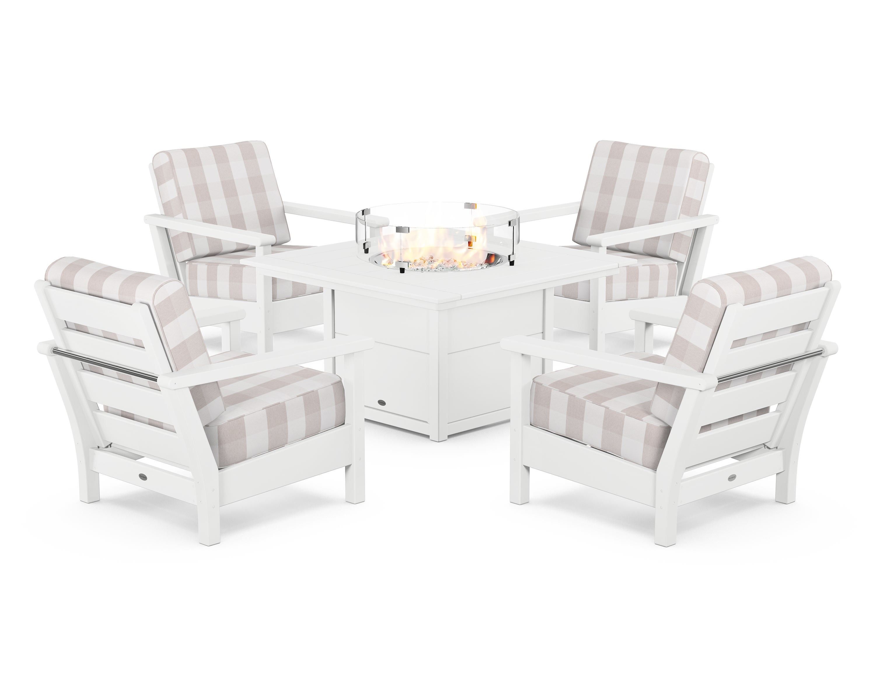 POLYWOOD® Harbour 5-Piece Conversation Set with Fire Pit Table in White / Buffalo Plaid Dune Burlap