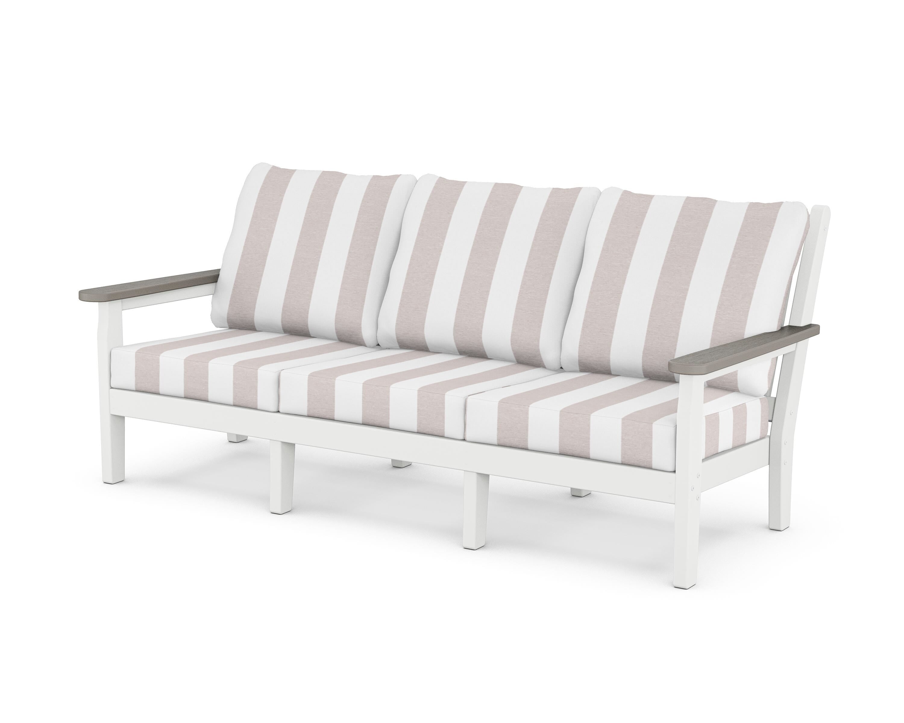 POLYWOOD® Chippendale Deep Seating Sofa in White / Driftwood / Cabana Stripe Dune Burlap