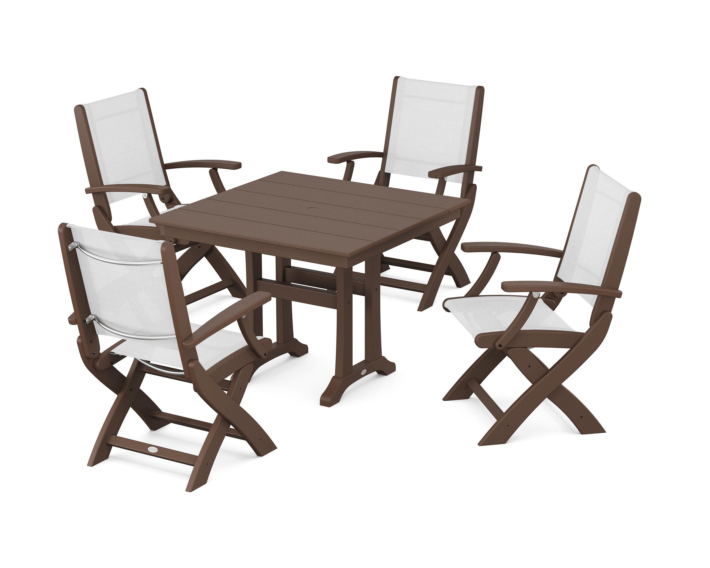 POLYWOOD® Coastal Folding Chair 5-Piece Farmhouse Dining Set With Trestle Legs in Mahogany / White Sling