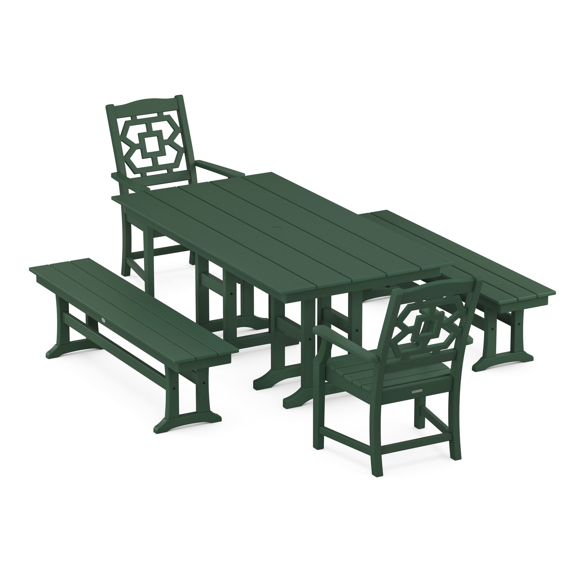 Chinoiserie 5-Piece Farmhouse Dining Set with Benches