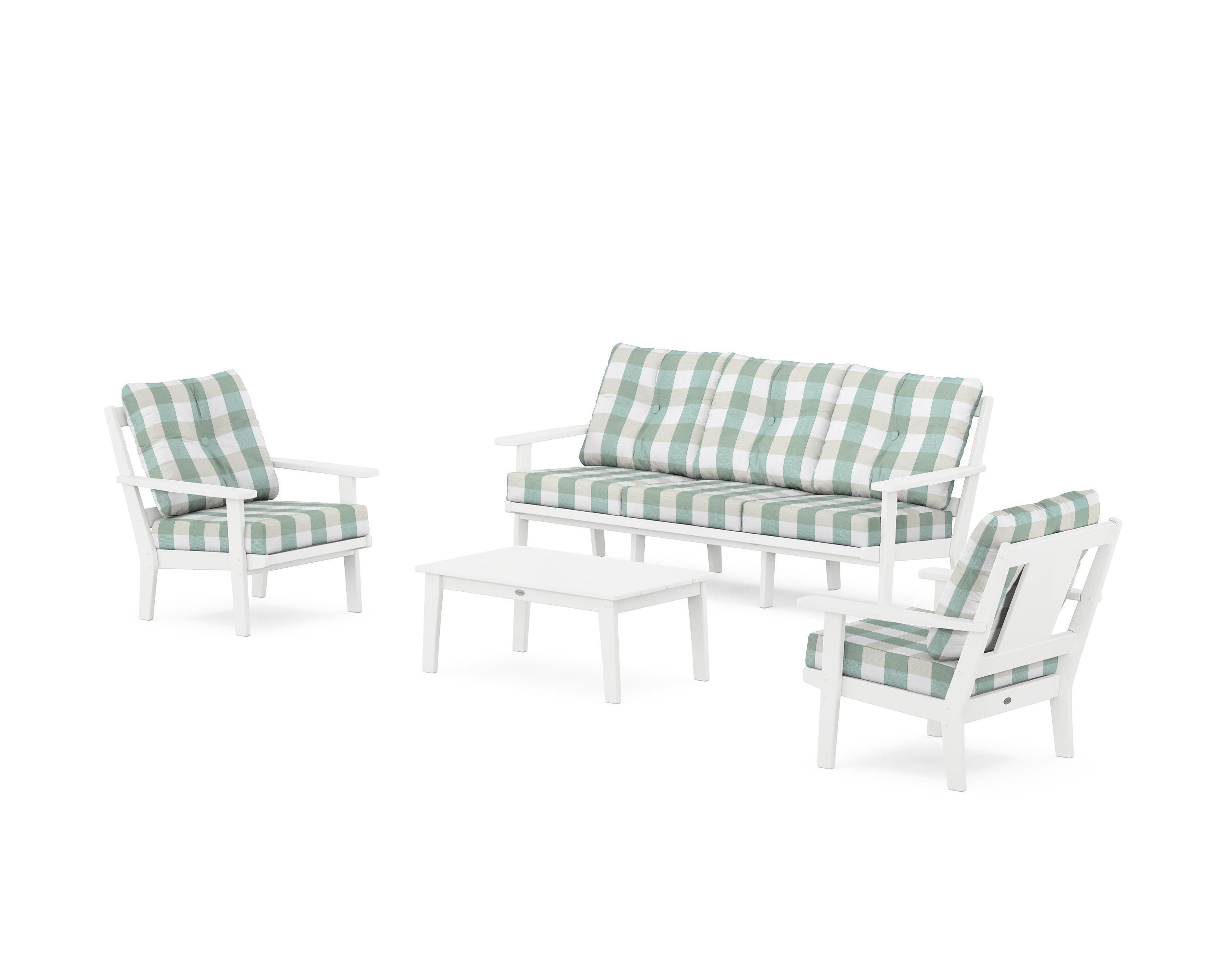 POLYWOOD® Prairie 4-Piece Deep Seating Set with Sofa in White / Buffalo Plaid Glacier Spa