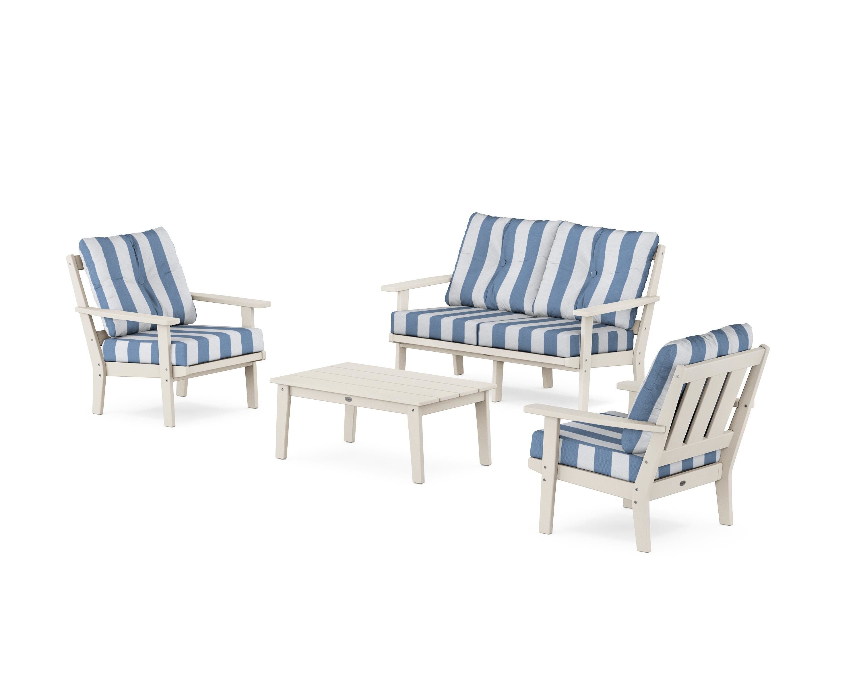 POLYWOOD® Oxford 4-Piece Deep Seating Set with Loveseat in Sand / Cabana Stripe Sky Blue