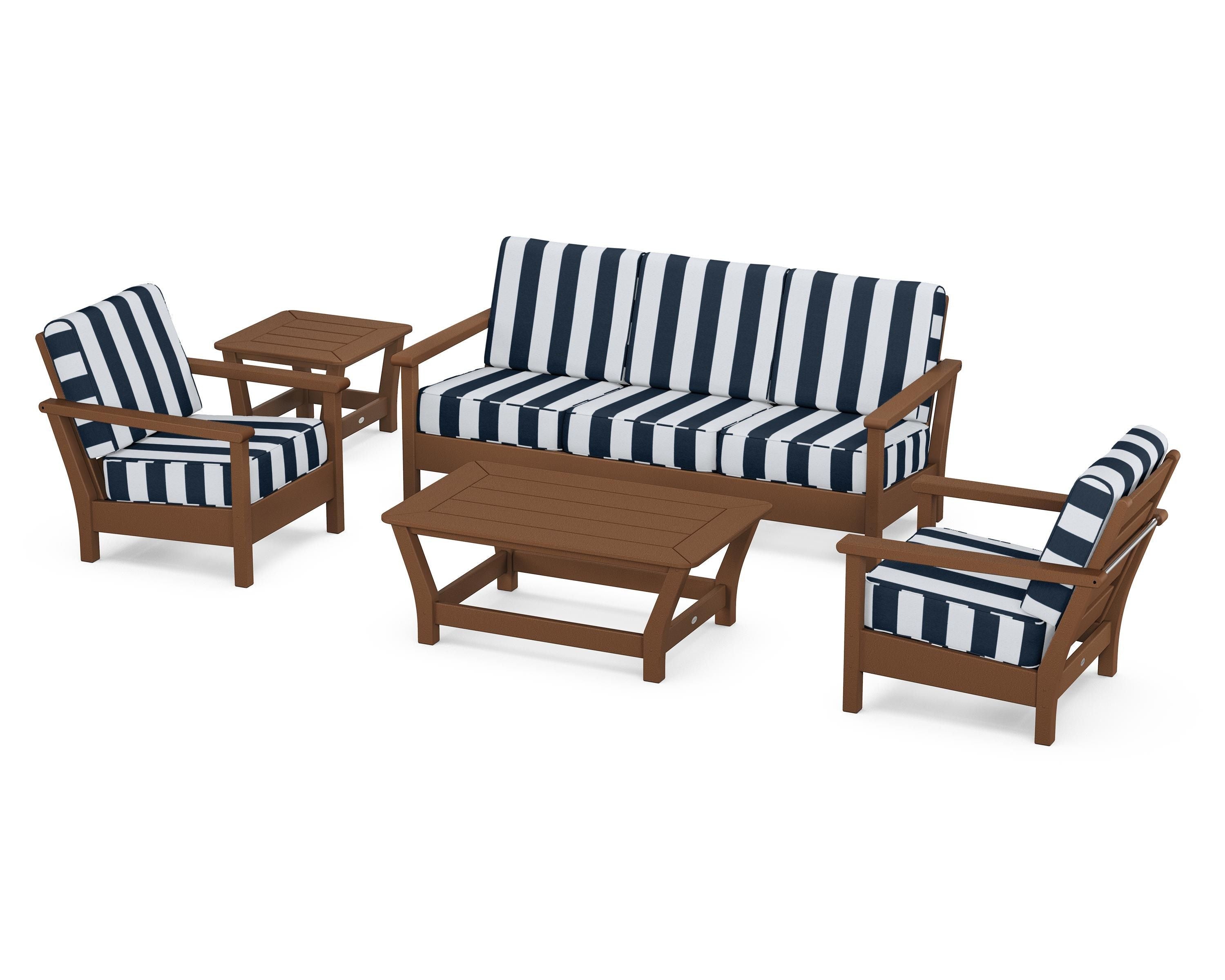 POLYWOOD® Harbour 5-Piece Deep Seating Set in Teak / Cabana Stripe Marine Indigo