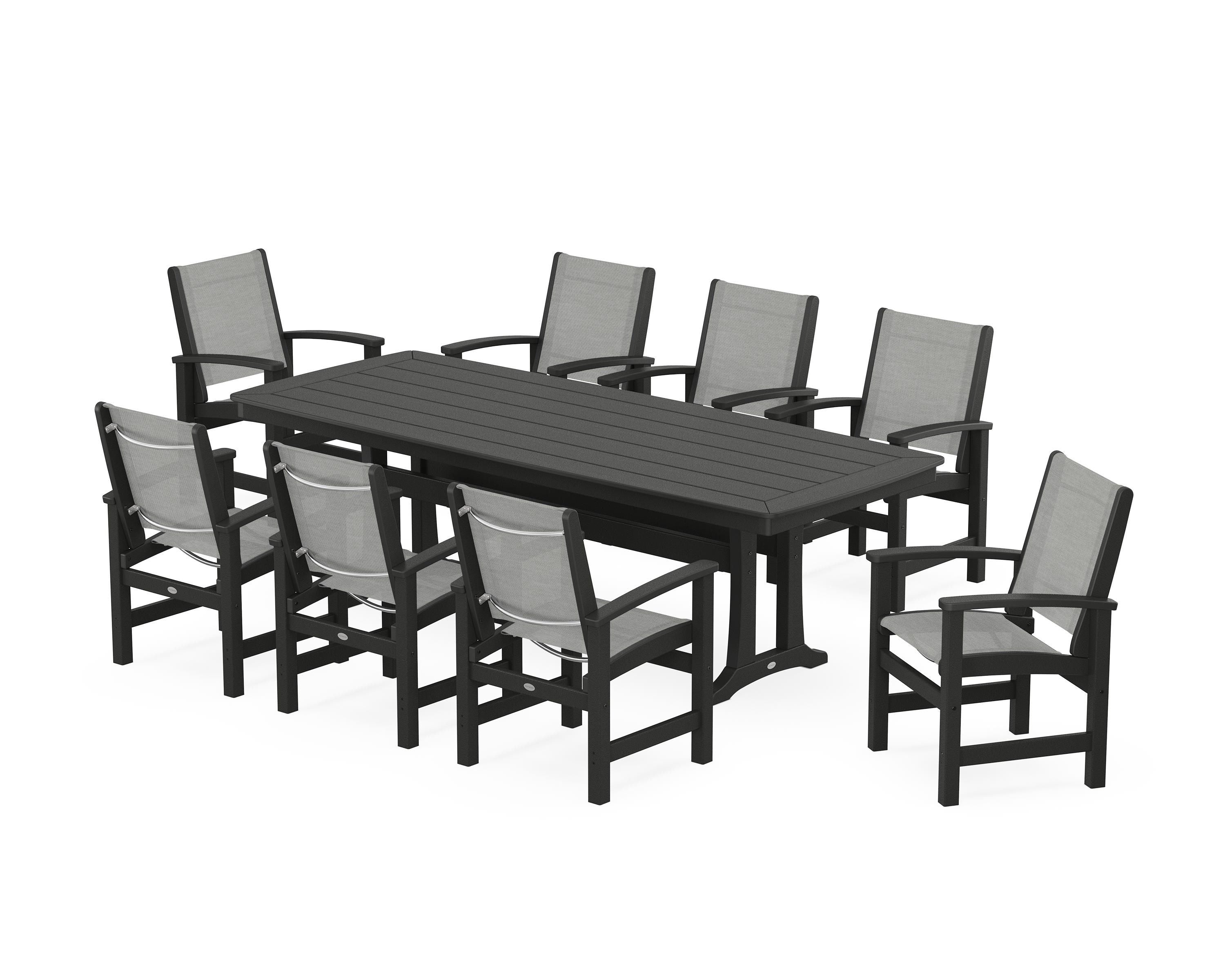 POLYWOOD® Coastal 9-Piece Dining Set with Trestle Legs in Black / Metallic Sling