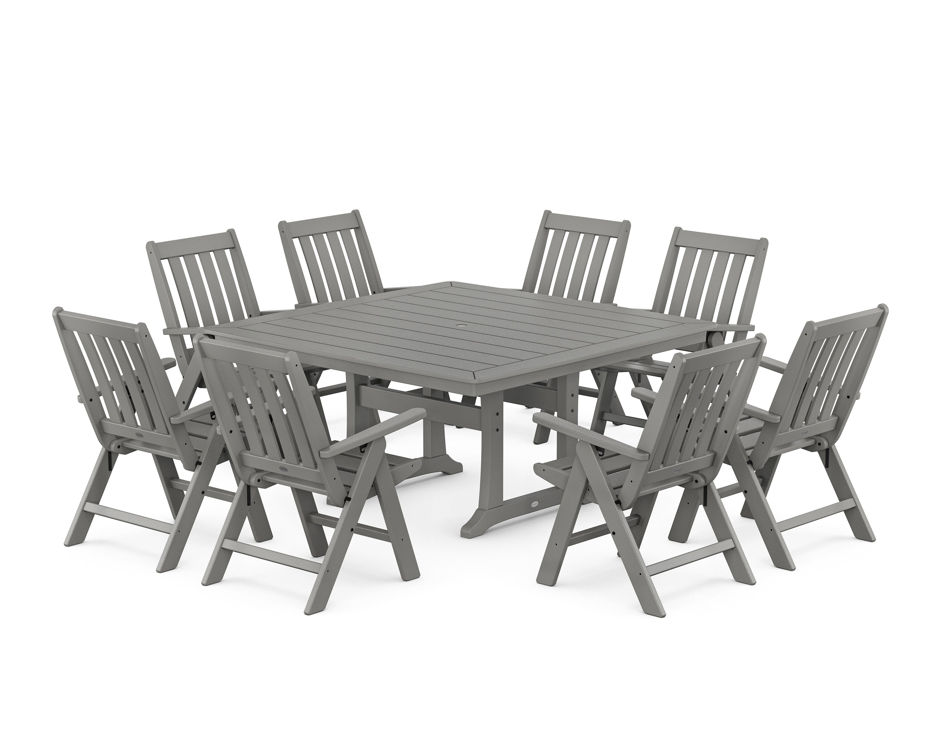 POLYWOOD® Vineyard Folding Chair 9-Piece Square Dining Set with Trestle Legs in Slate Grey