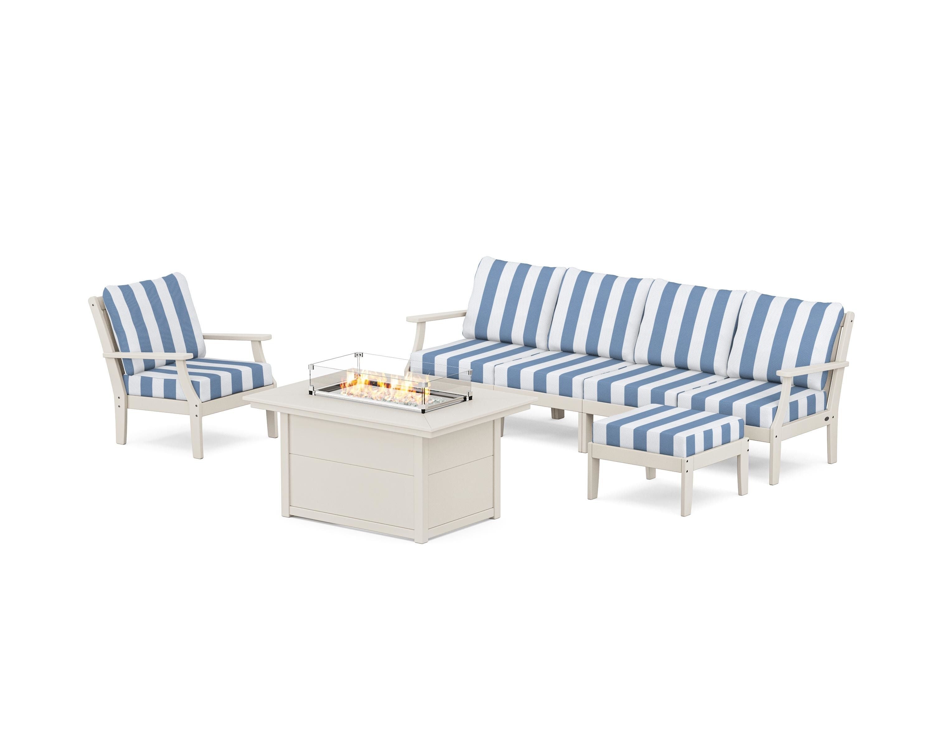 POLYWOOD® Braxton Sectional Lounge and Fire Pit Set in Sand / Cabana Stripe Sky Blue