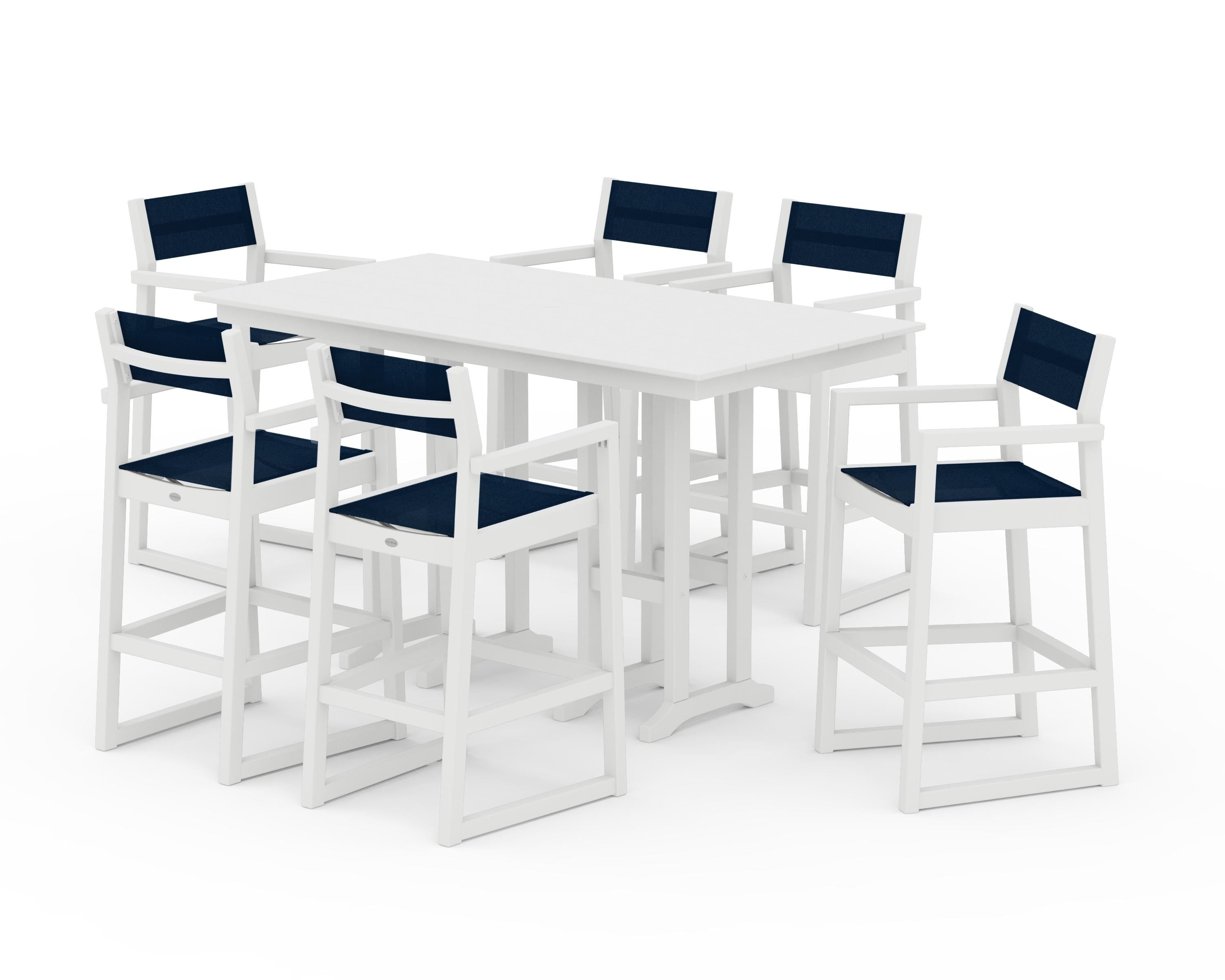 POLYWOOD® EDGE Sling Arm Chair 7-Piece Farmhouse Bar Set in White / Navy Blue Sling