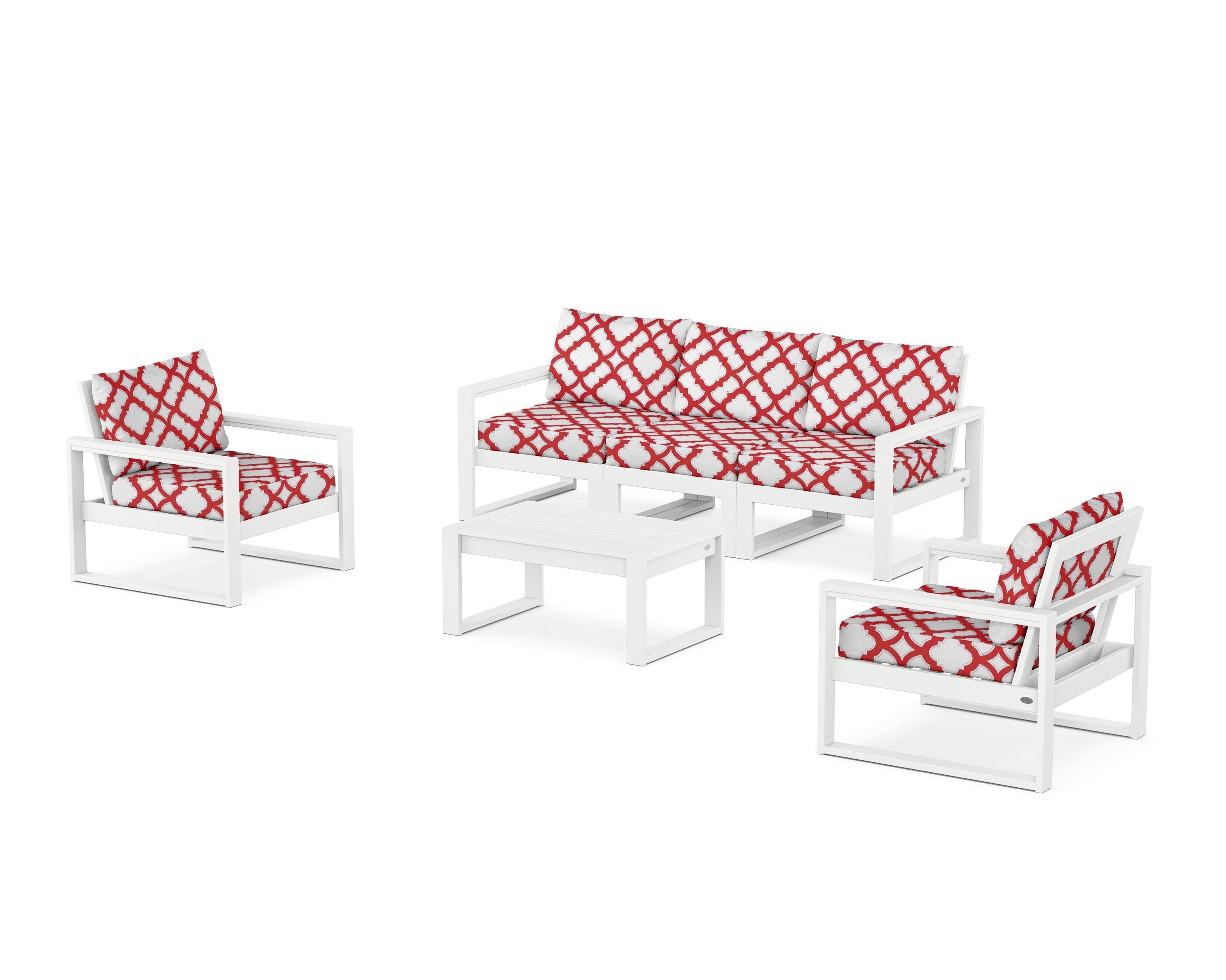 POLYWOOD® EDGE Sectional 4-Piece Deep Seating Set with Sofa in White / Trellis Crimson