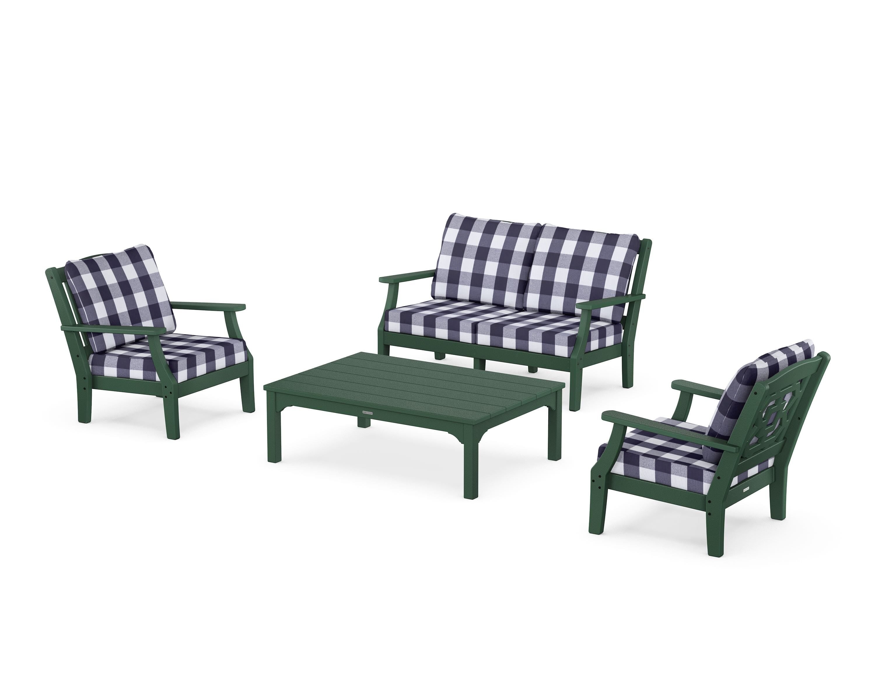 Martha Stewart by POLYWOOD® Chinoiserie 4-Piece Deep Seating Set with Loveseat in Green / Buffalo Plaid Navy