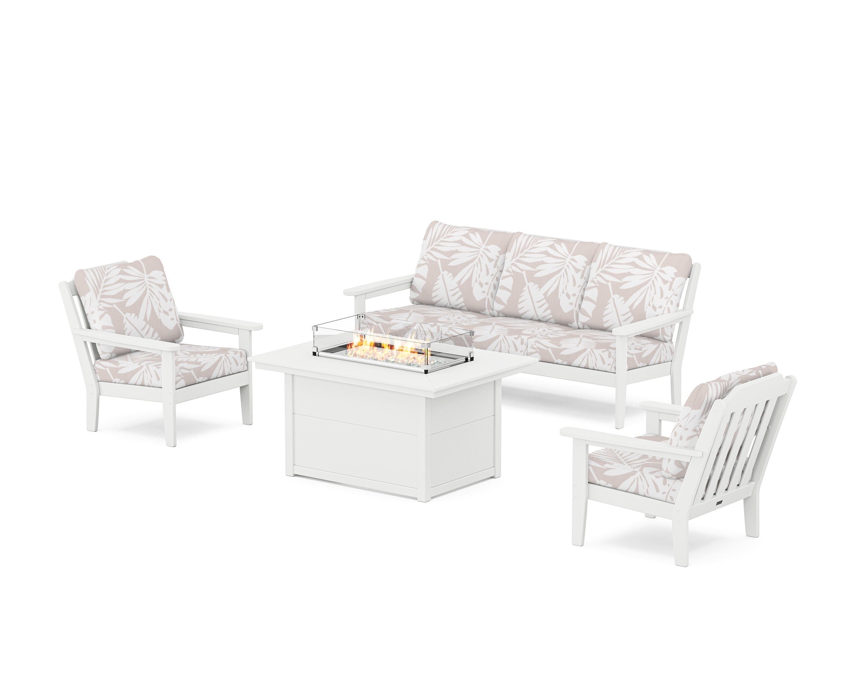 Country Living Cottage Deep Seating Fire Pit Table Set in White / Leaf Dune Burlap