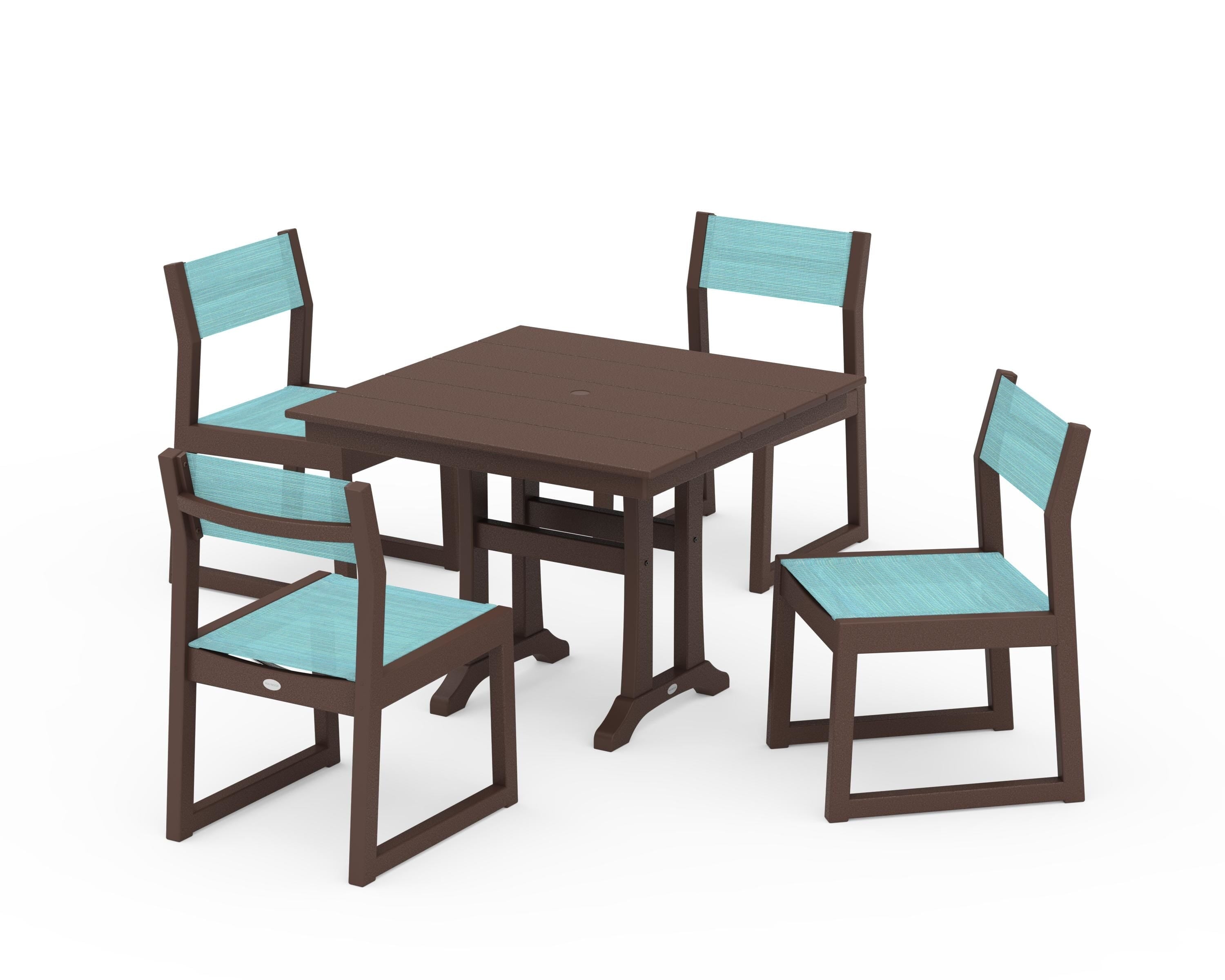 POLYWOOD® EDGE Sling 5-Piece Farmhouse Trestle Side Chair Dining Set in Mahogany / Dupioni Aquamarine Sling