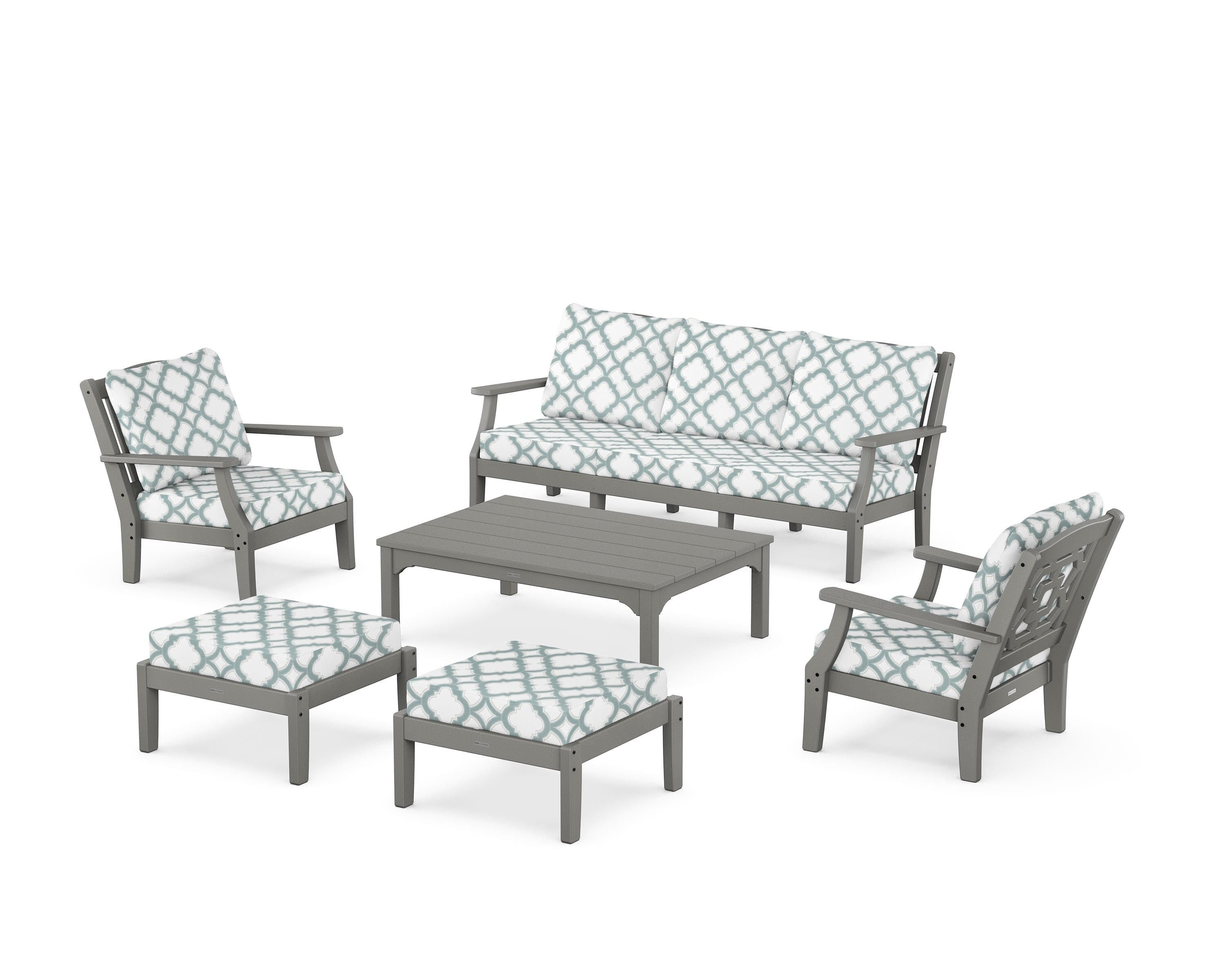 Martha Stewart by POLYWOOD® Chinoiserie 6-Piece Lounge Sofa Set in Slate Grey / Trellis Glacier Spa