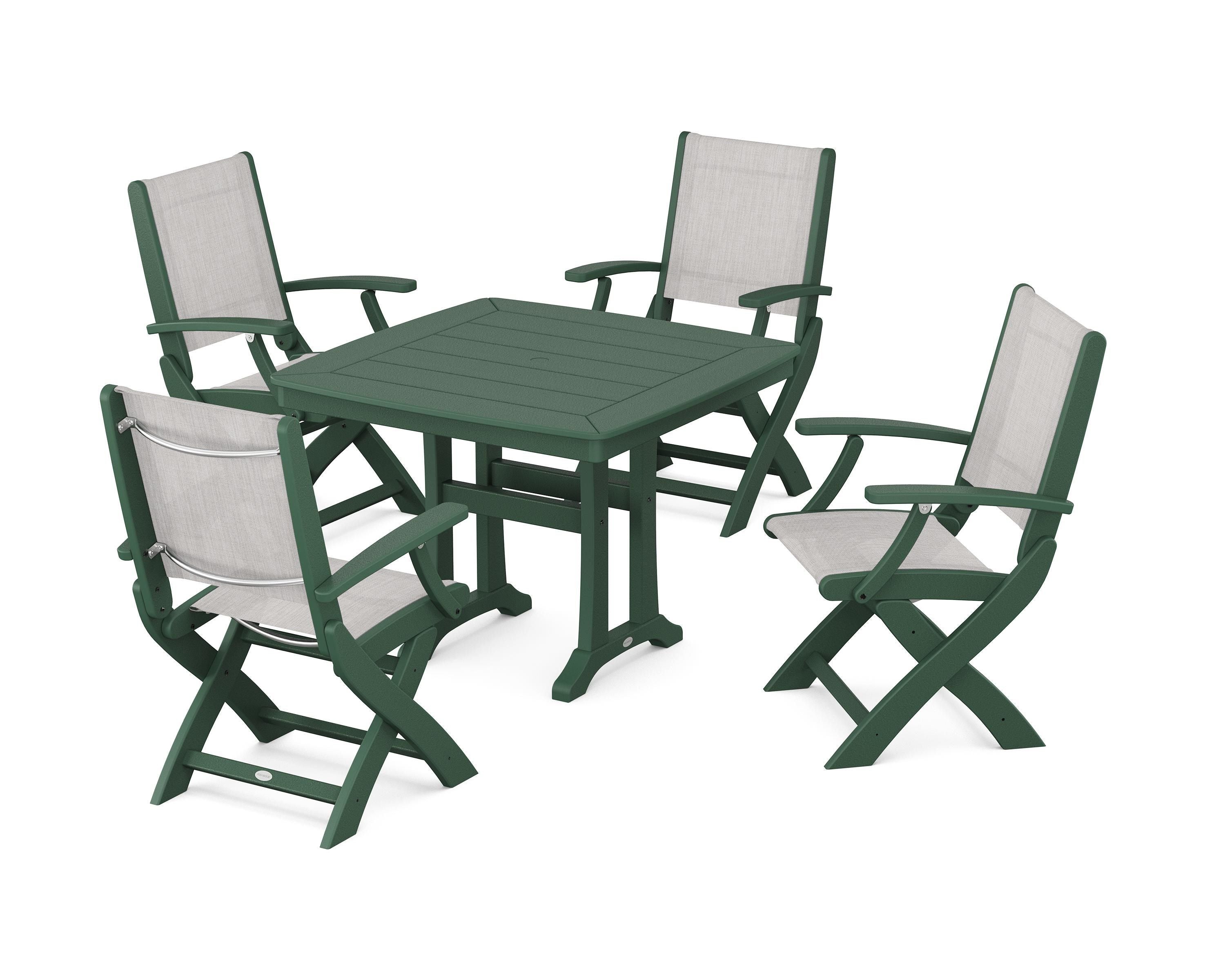 POLYWOOD® Coastal Folding Chair 5-Piece Dining Set with Trestle Legs in Green / Parchment Sling