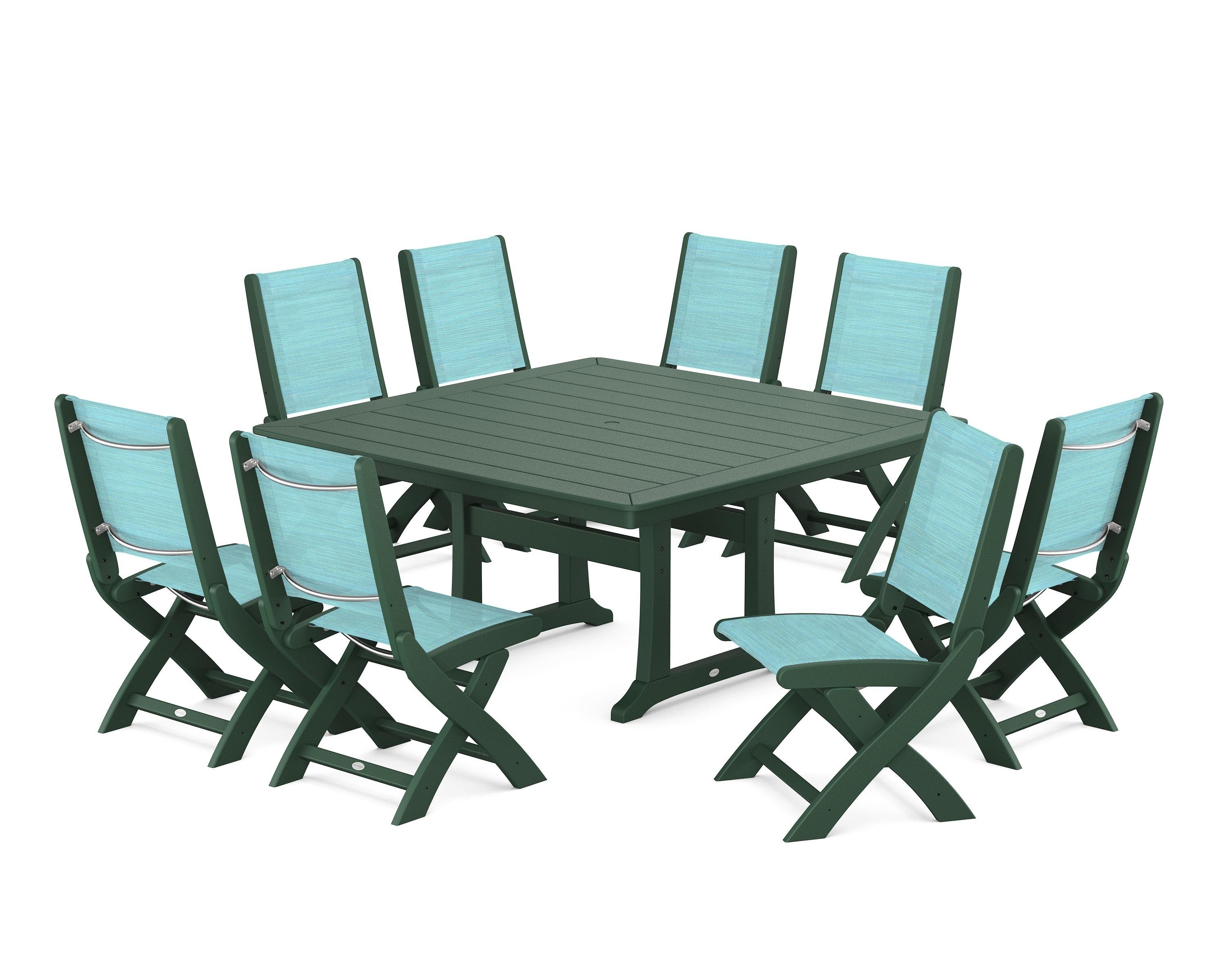 POLYWOOD® Coastal Folding Side Chair 9-Piece Dining Set with Trestle Legs in Green / Dupioni Aquamarine Sling