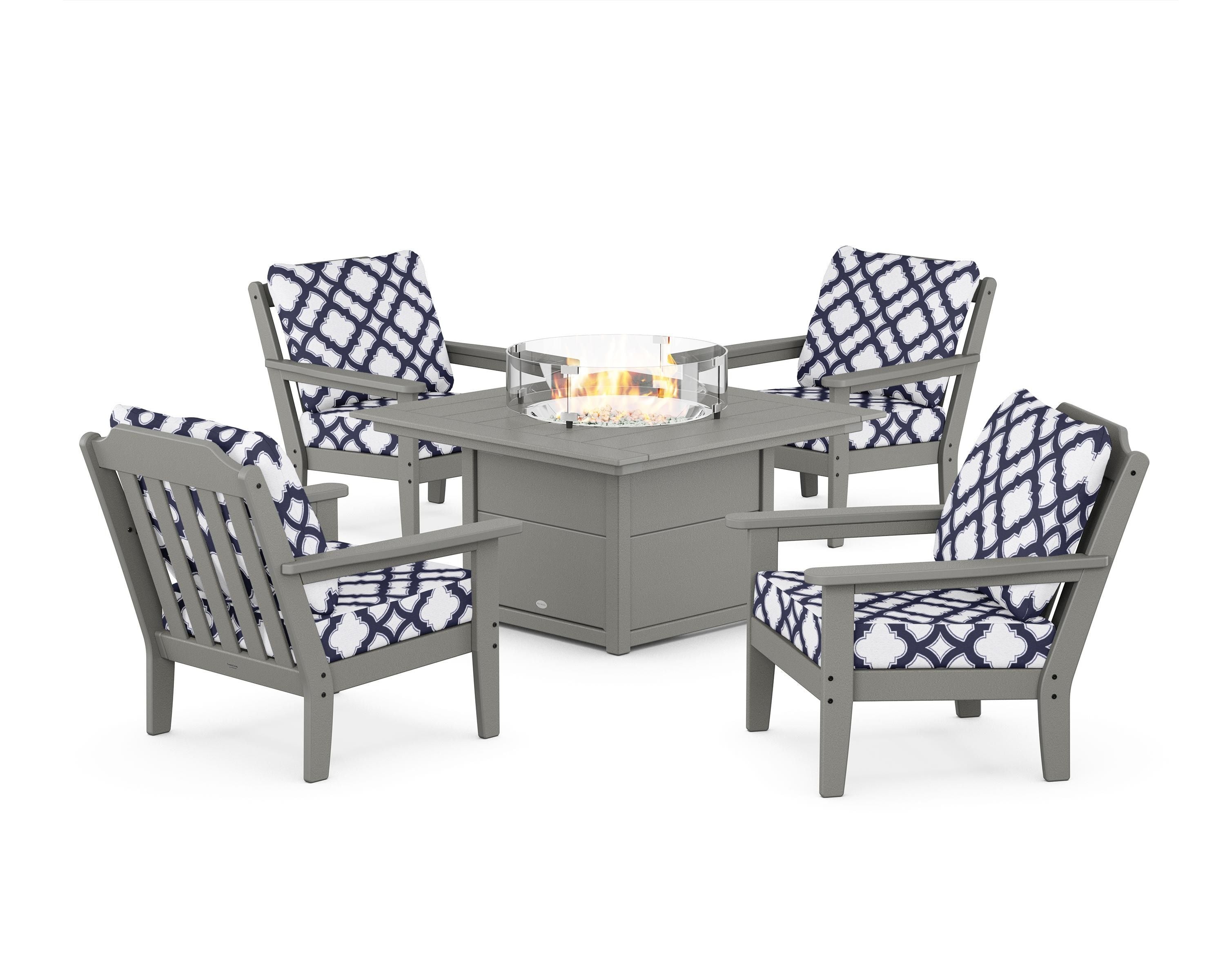 Country Living Cottage 5-Piece Deep Seating Set with Fire Pit Table in Slate Grey / Trellis Navy