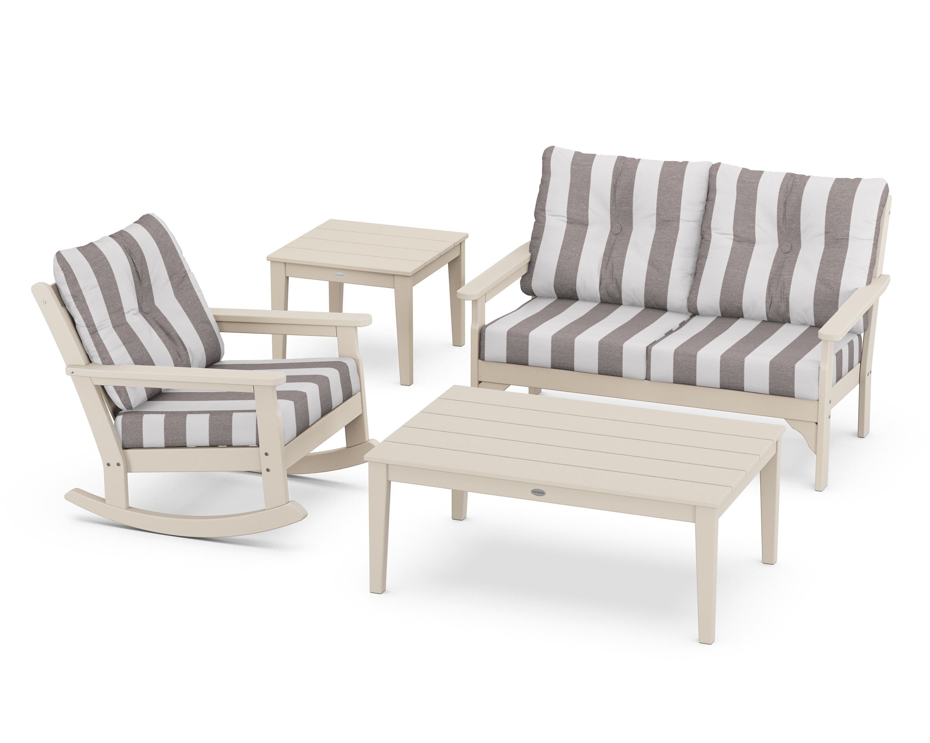 POLYWOOD® Vineyard 4-Piece Deep Seating Rocker Set in Sand / Cabana Stripe Grey Mist