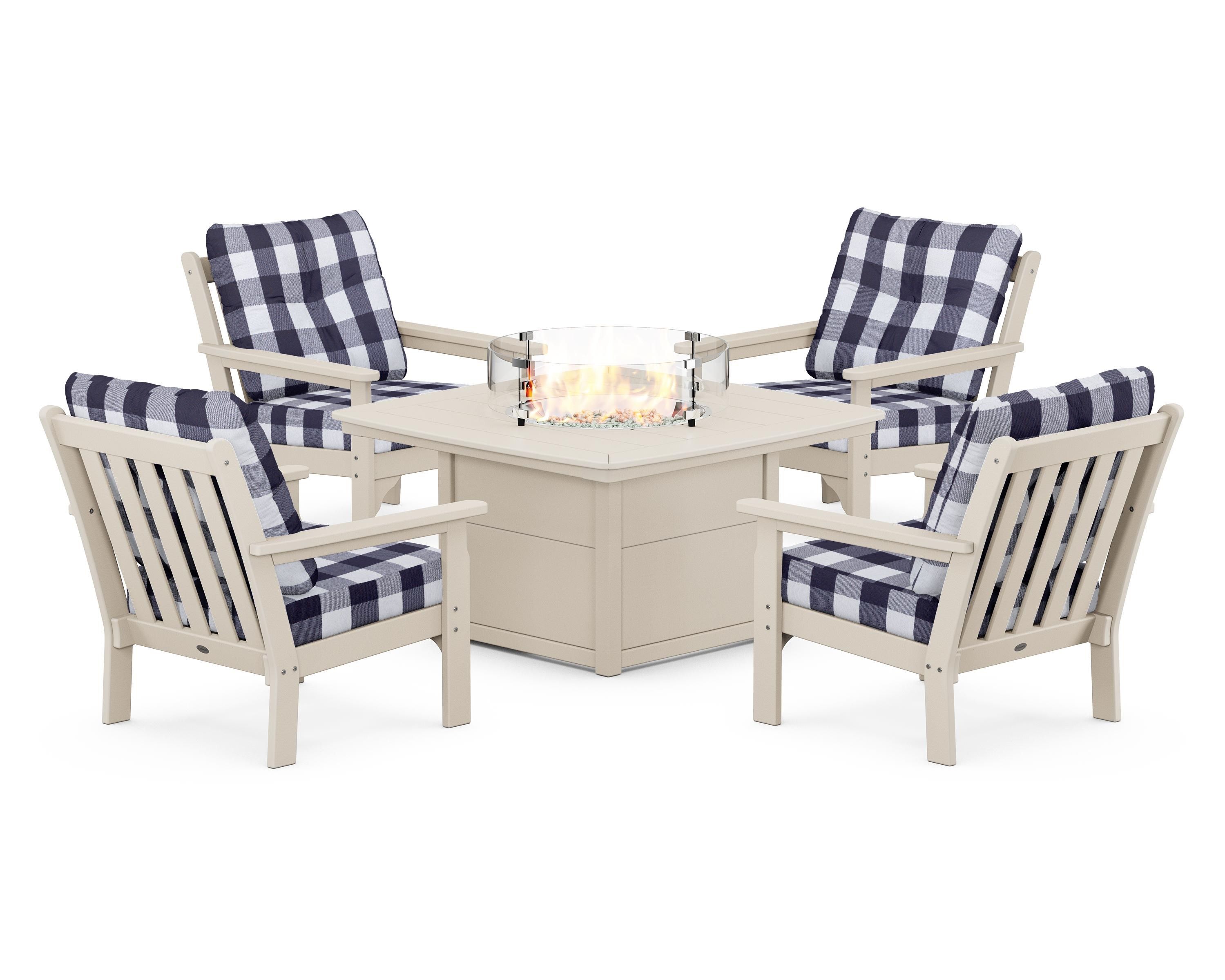 POLYWOOD® Vineyard 5-Piece Conversation Set with Fire Pit Table in Sand / Buffalo Plaid Navy