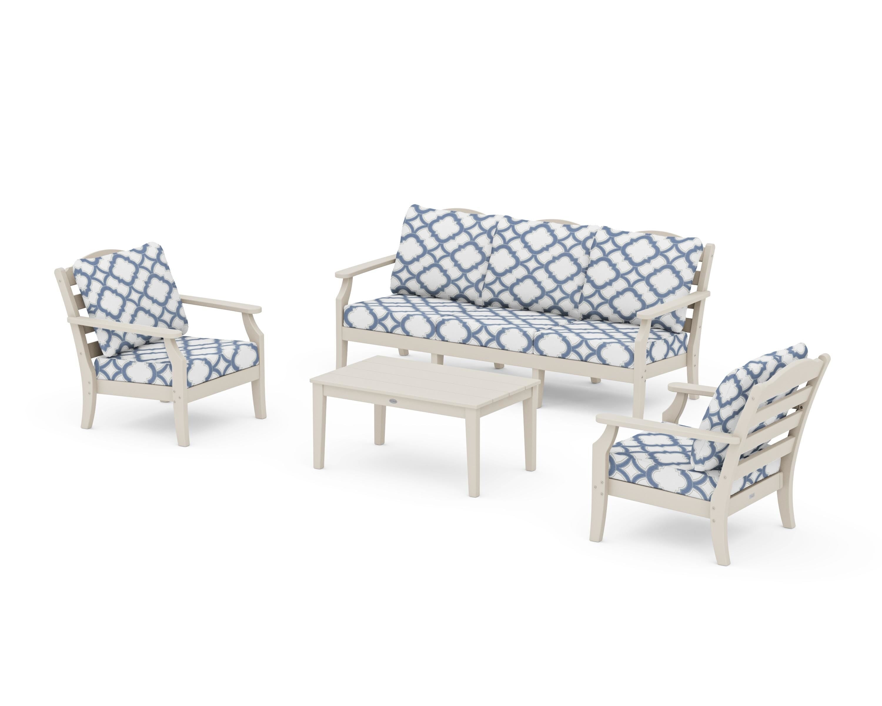 Draper James™ by POLYWOOD® Savannah 4-Piece Deep Seating Set with Sofa in Sand / Trellis Sky Blue