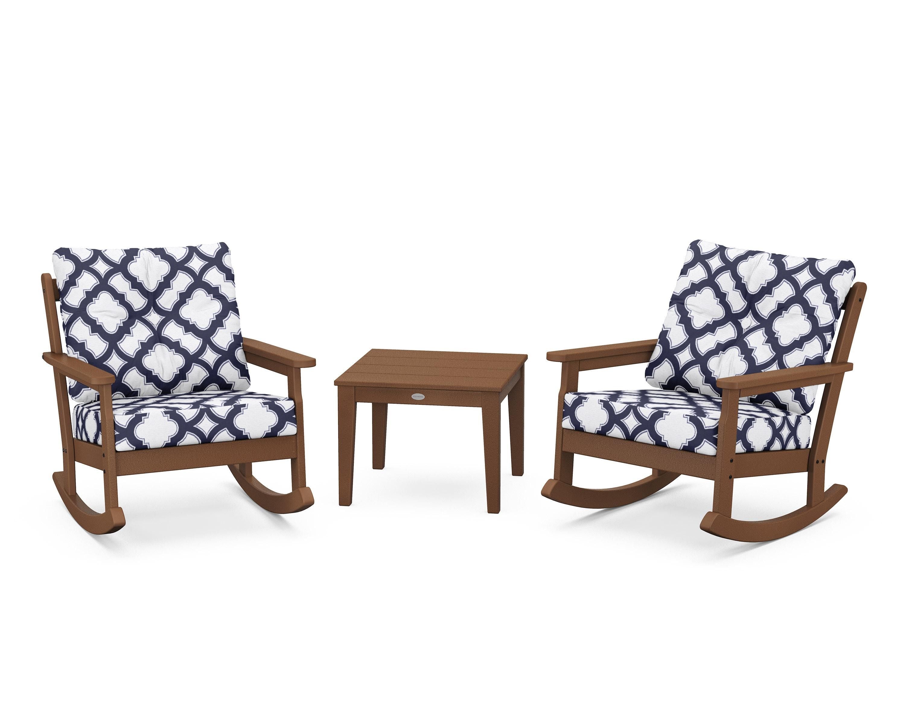POLYWOOD® Vineyard 3-Piece Deep Seating Rocker Set in Teak / Trellis Navy