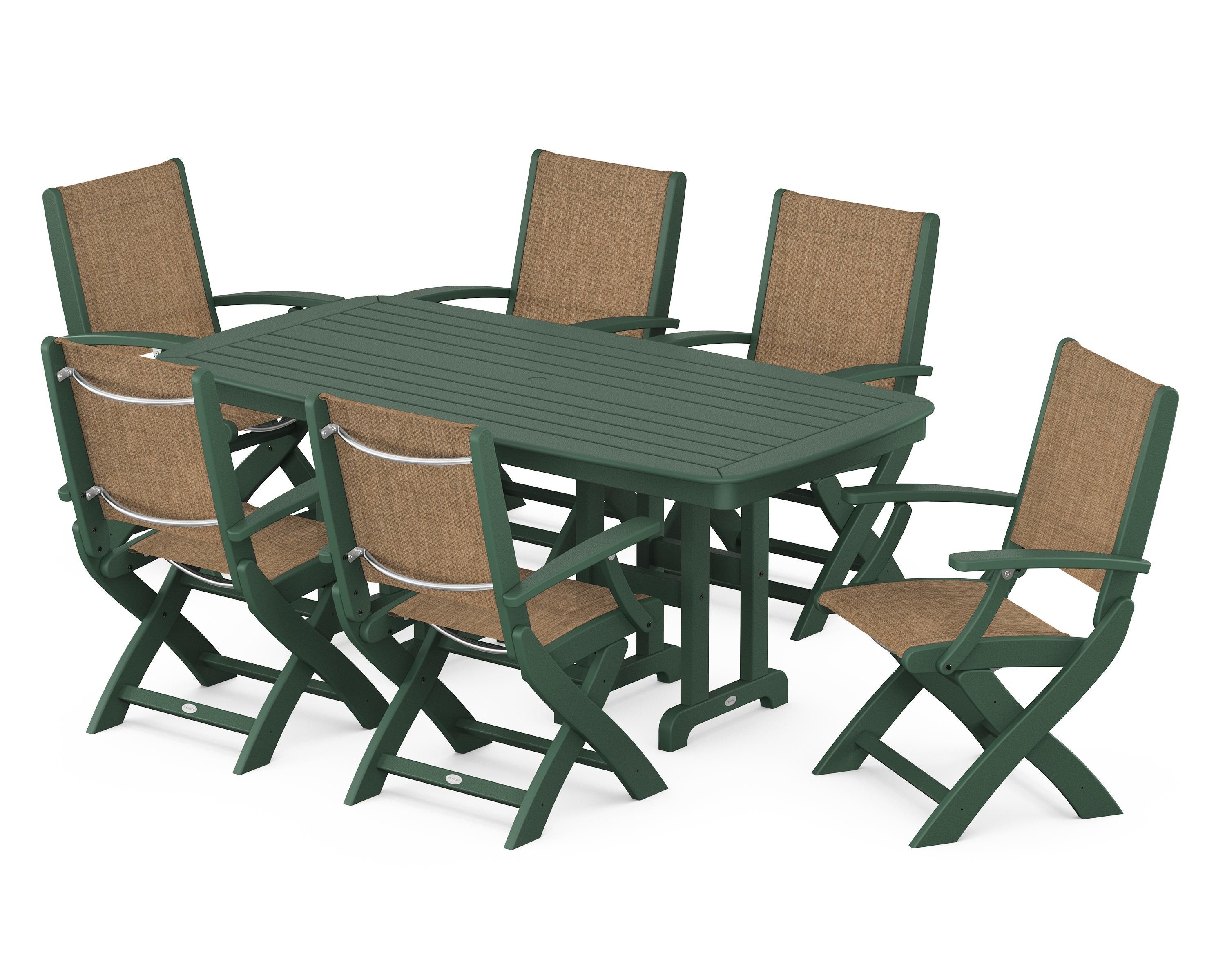 POLYWOOD® Coastal Folding Arm Chair 7-Piece Dining Set in Green / Burlap Sling