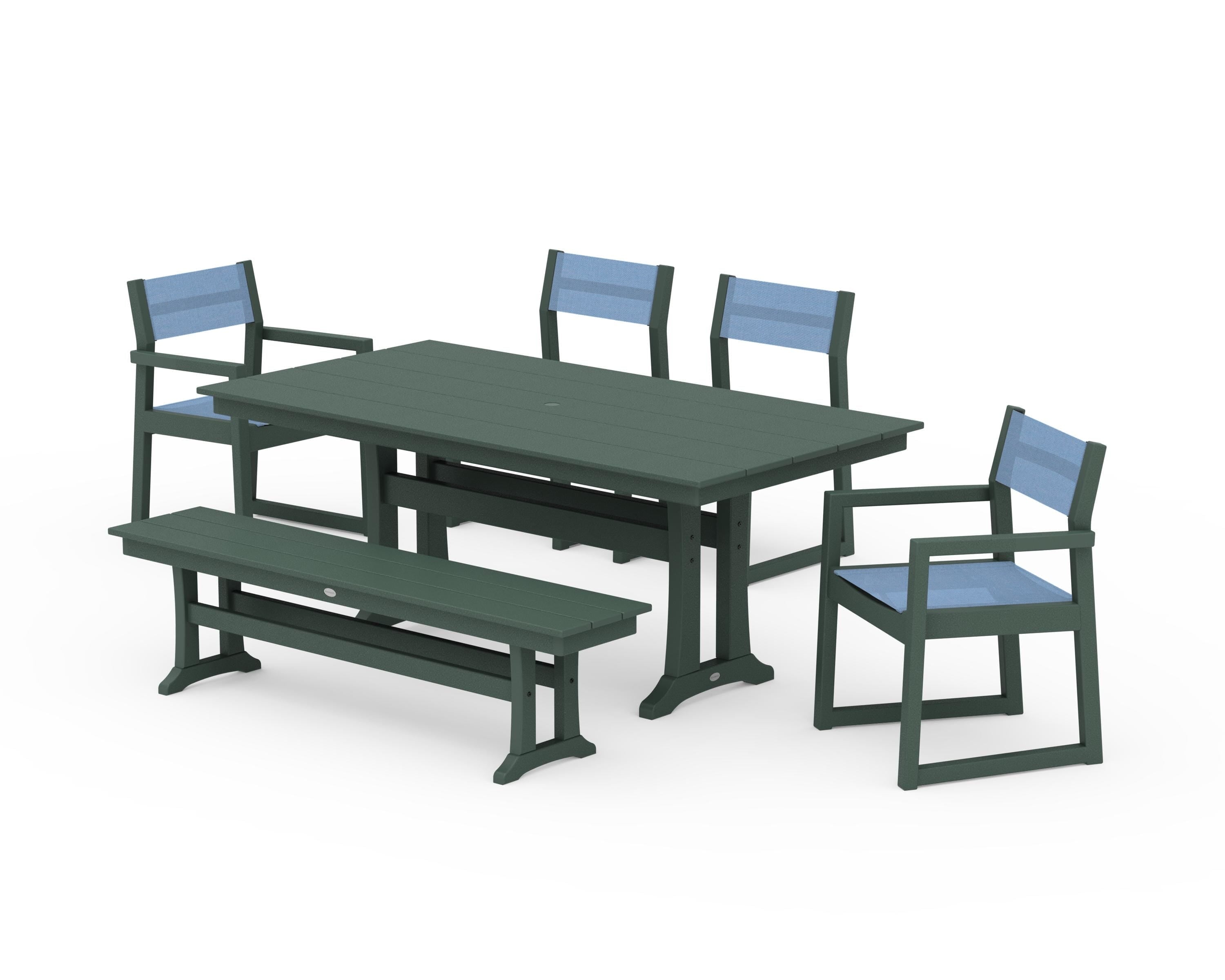POLYWOOD® EDGE Sling 6-Piece Farmhouse Dining Set With Trestle Legs in Green / Poolside Sling
