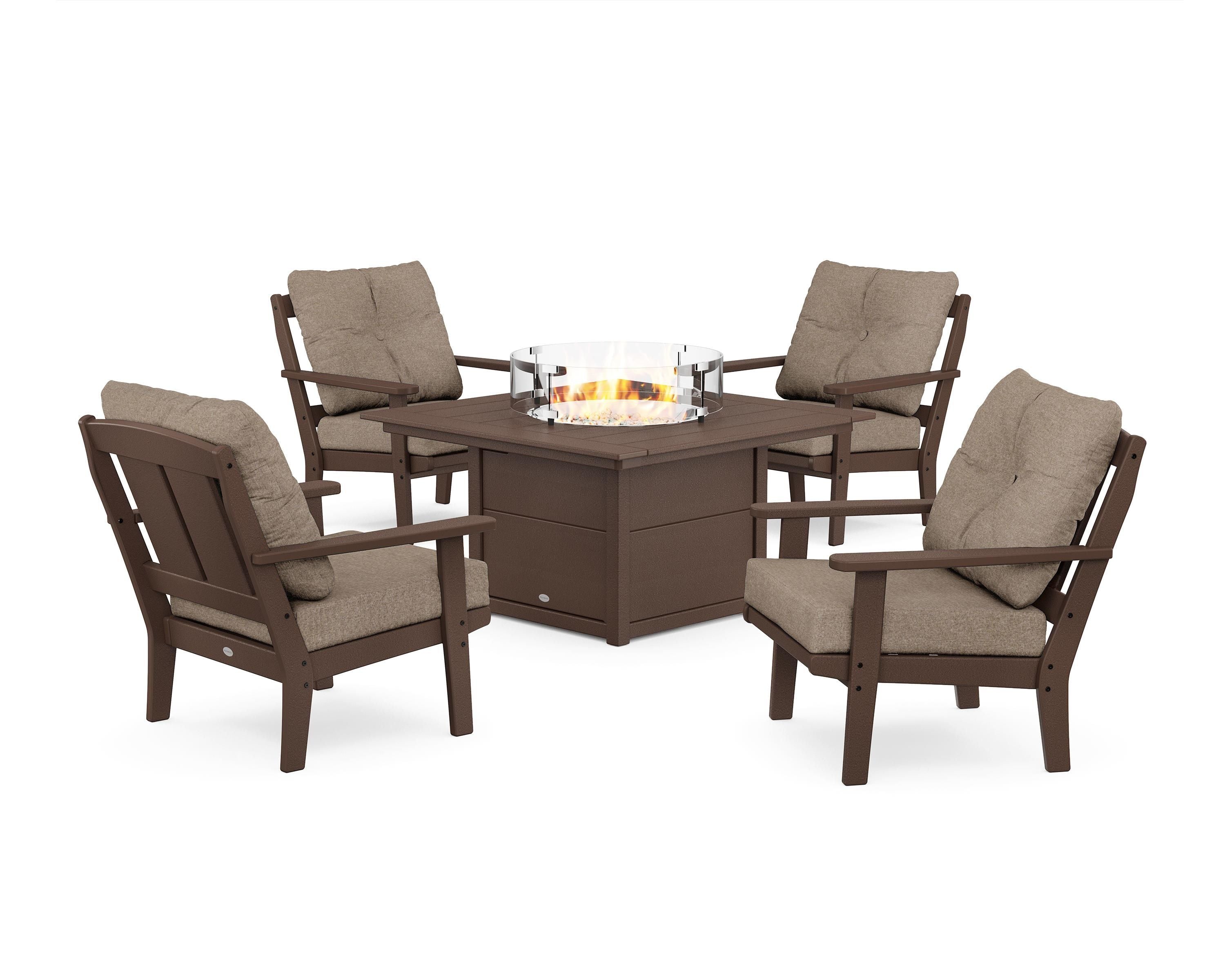 POLYWOOD® Mission 5-Piece Deep Seating Set with Fire Pit Table in Mahogany / Spiced Burlap