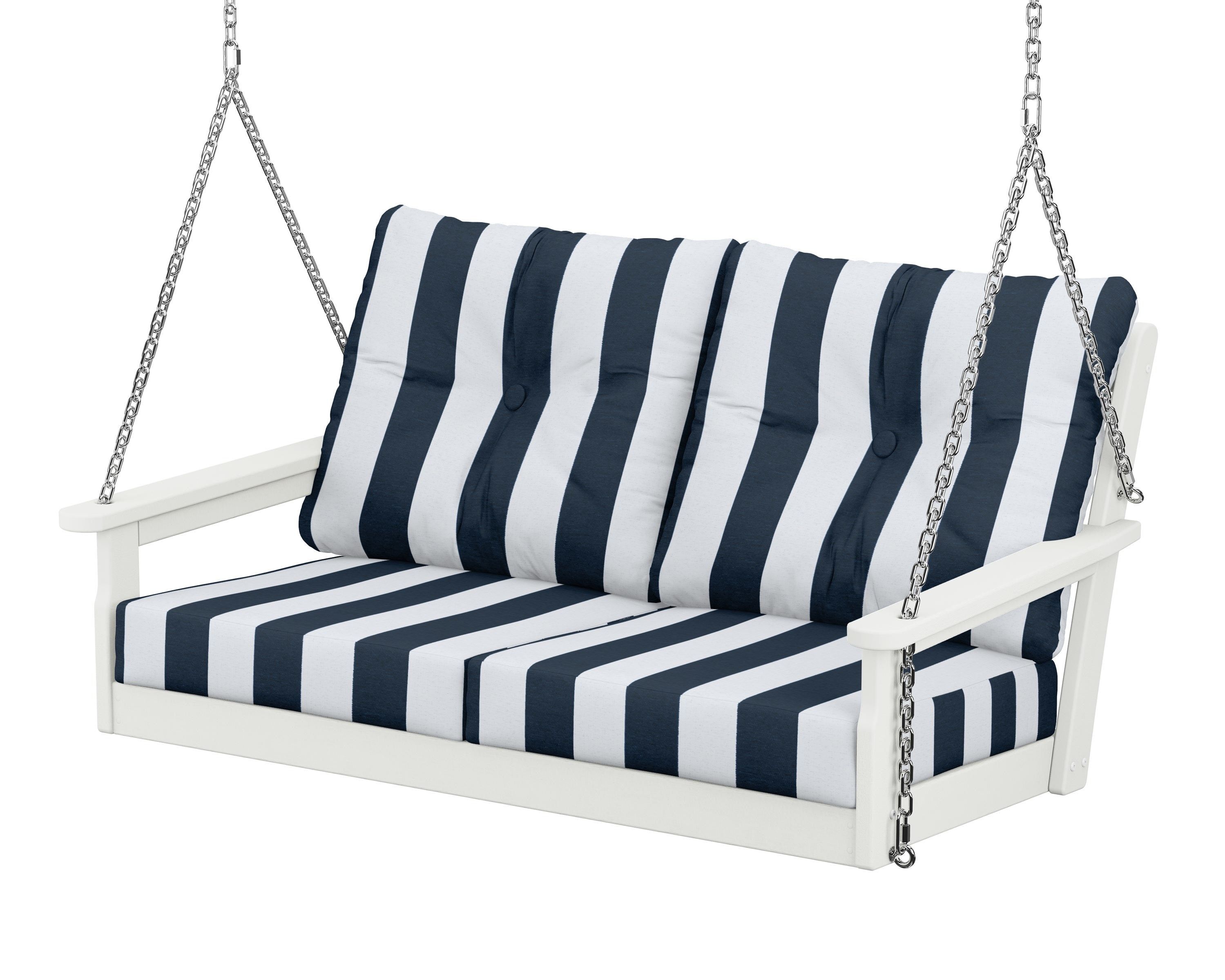 POLYWOOD® Vineyard Deep Seating Swing in Vintage White / Cabana Stripe Marine Indigo