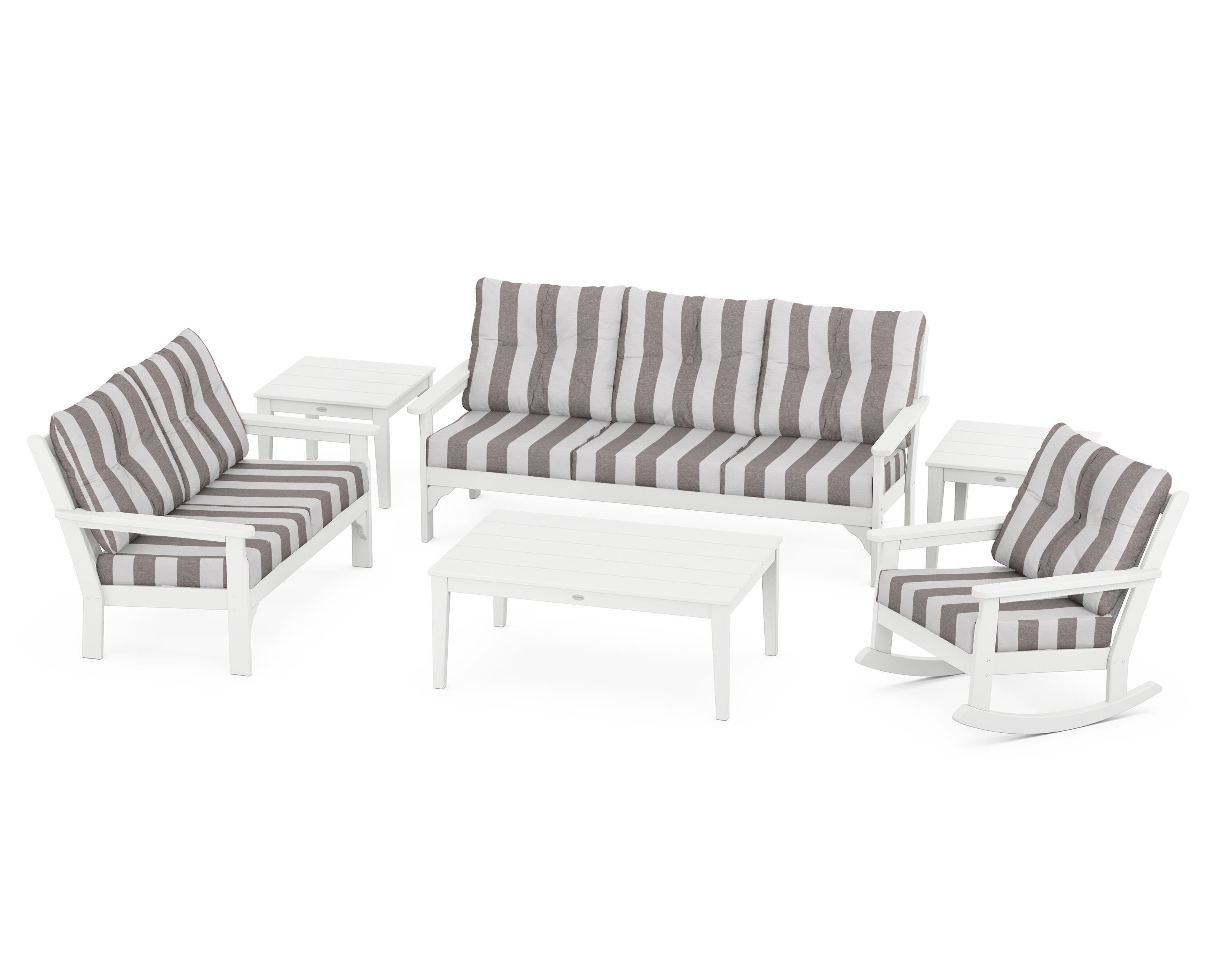 POLYWOOD® Vineyard 6-Piece Deep Seating Set in White / Cabana Stripe Grey Mist