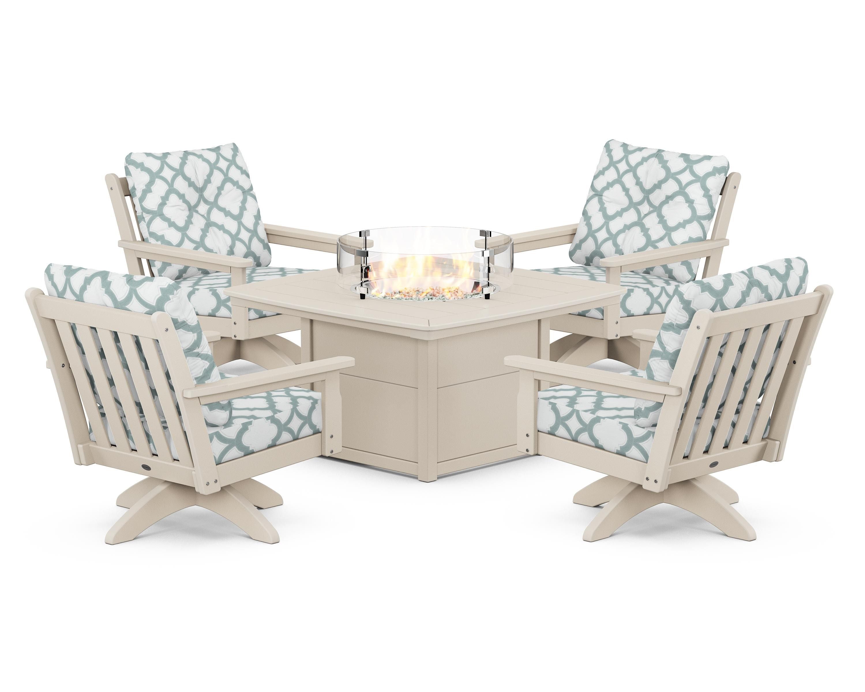 POLYWOOD® Vineyard 5-Piece Deep Seating Swivel Conversation Set with Fire Pit Table in Sand / Trellis Glacier Spa