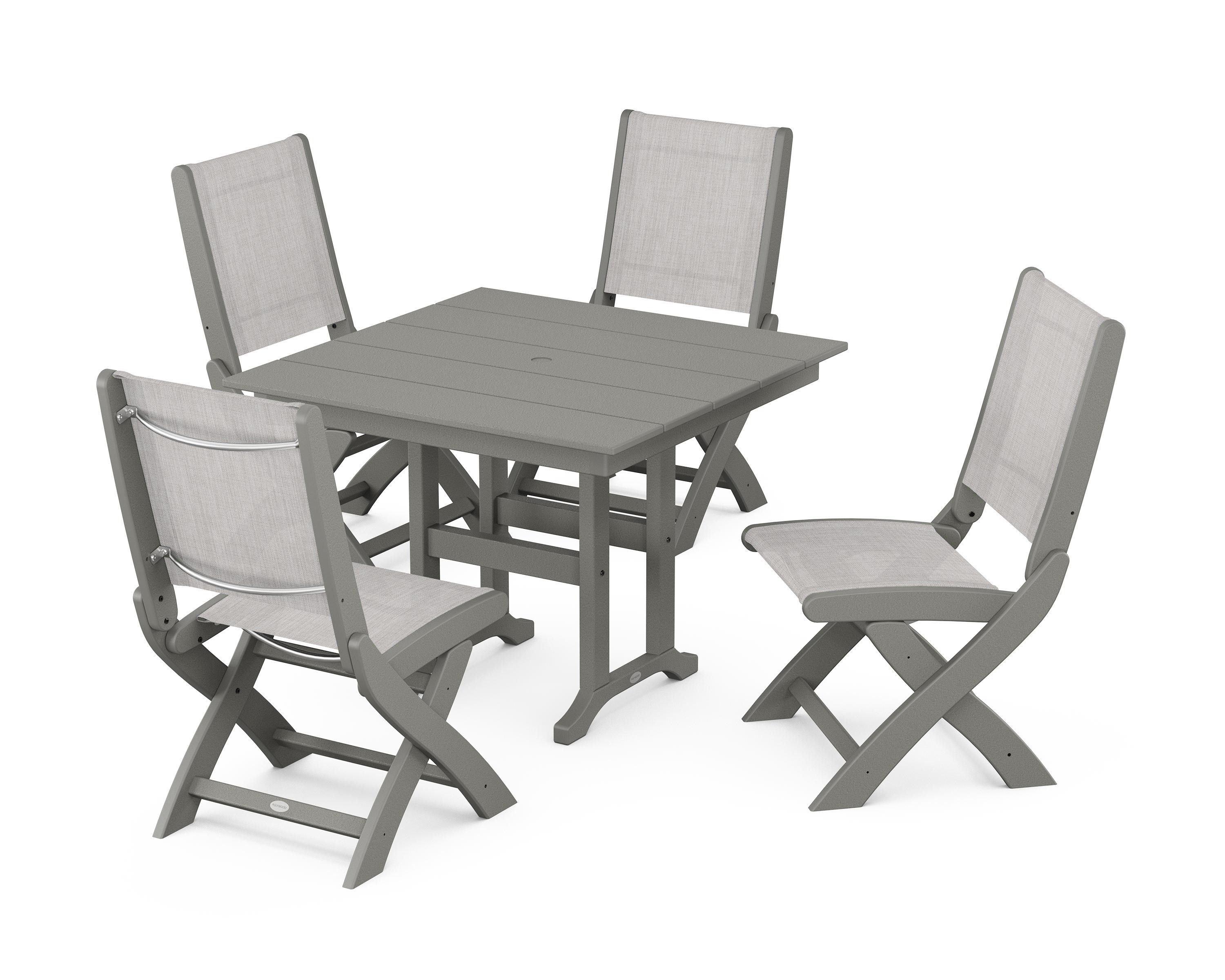 POLYWOOD® Coastal Folding Side Chair 5-Piece Farmhouse Dining Set in Slate Grey / Parchment Sling