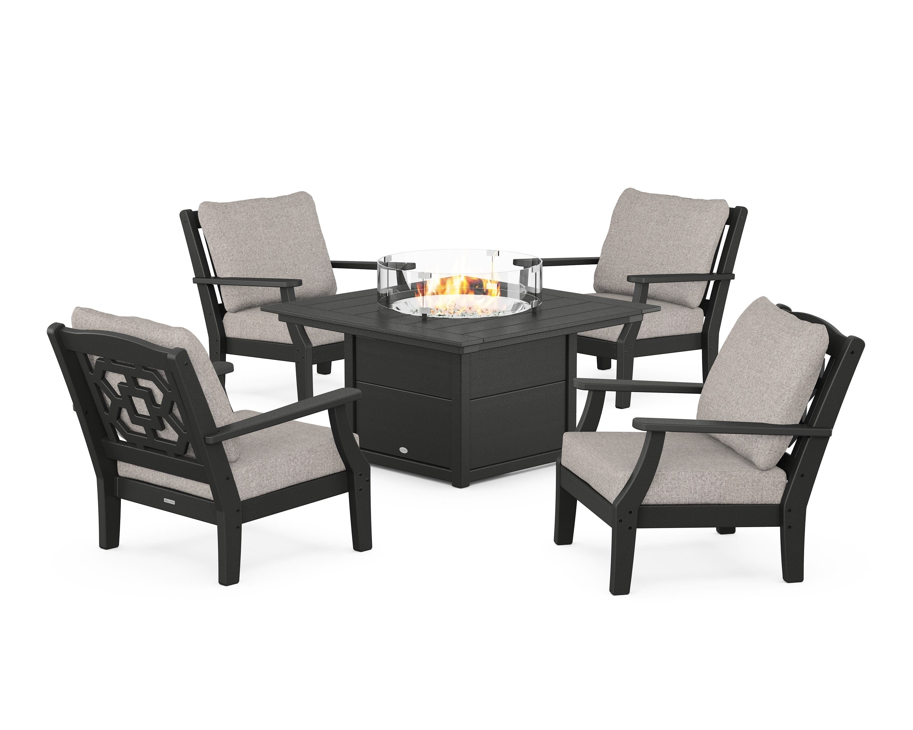 Martha Stewart by POLYWOOD® Chinoiserie 5-Piece Deep Seating Set with Fire Pit Table in Black / Weathered Tweed