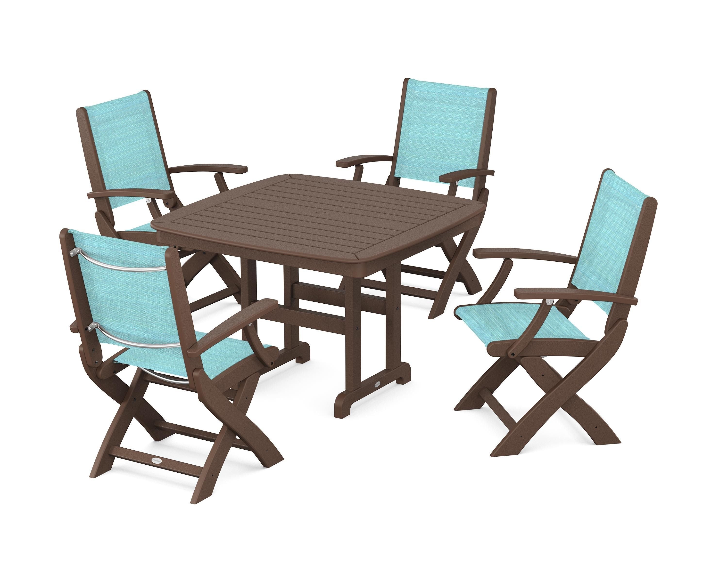 POLYWOOD® Coastal Folding Chair 5-Piece Dining Set in Mahogany / Dupioni Aquamarine Sling
