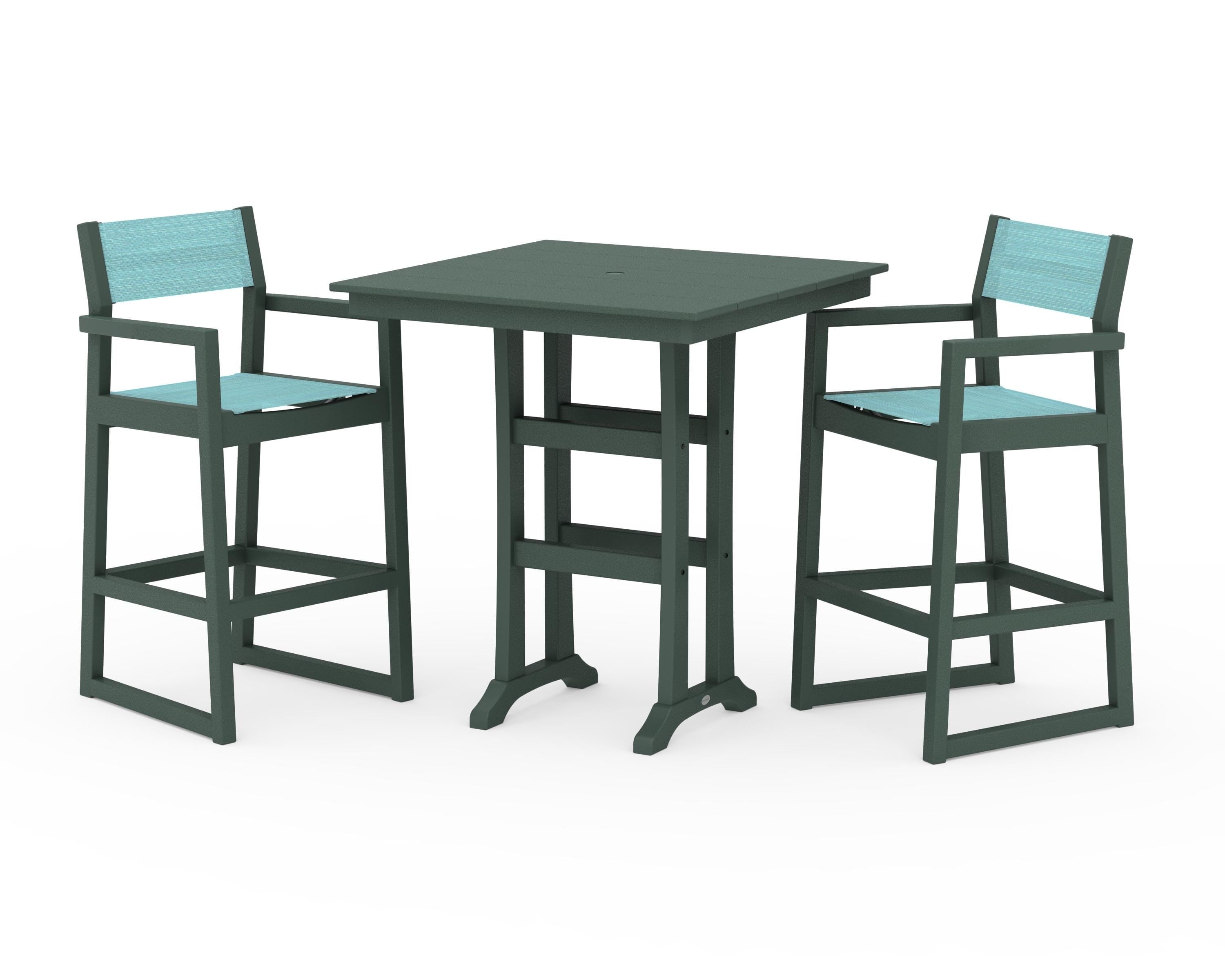 POLYWOOD® EDGE Sling Arm Chair 3-Piece Farmhouse Bar Set with Trestle Legs in Green / Dupioni Aquamarine Sling